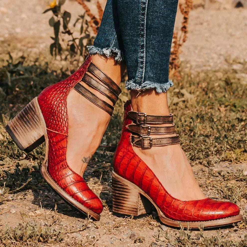 BLOCK HEEL SHOES | STRAPPY ANKLE BUCKLE PUMPS