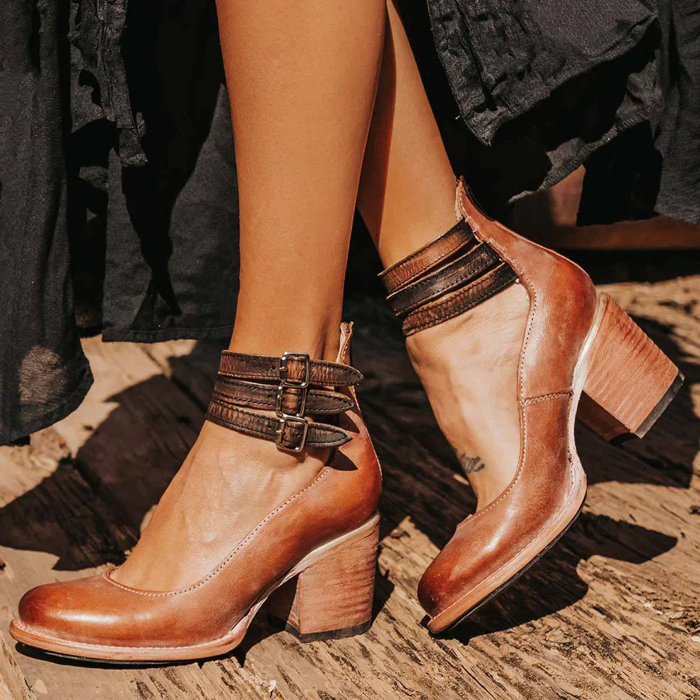 BLOCK HEEL SHOES | STRAPPY ANKLE BUCKLE PUMPS