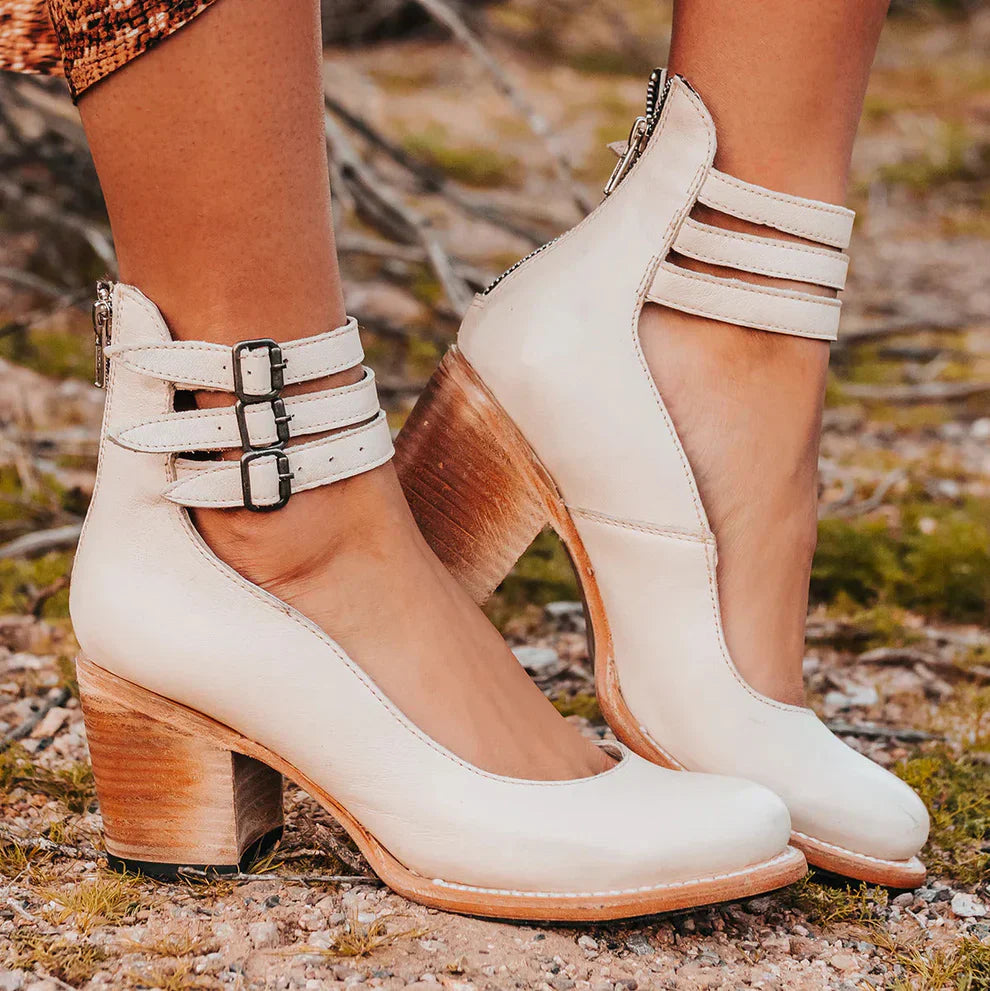 BLOCK HEEL SHOES | STRAPPY ANKLE BUCKLE PUMPS