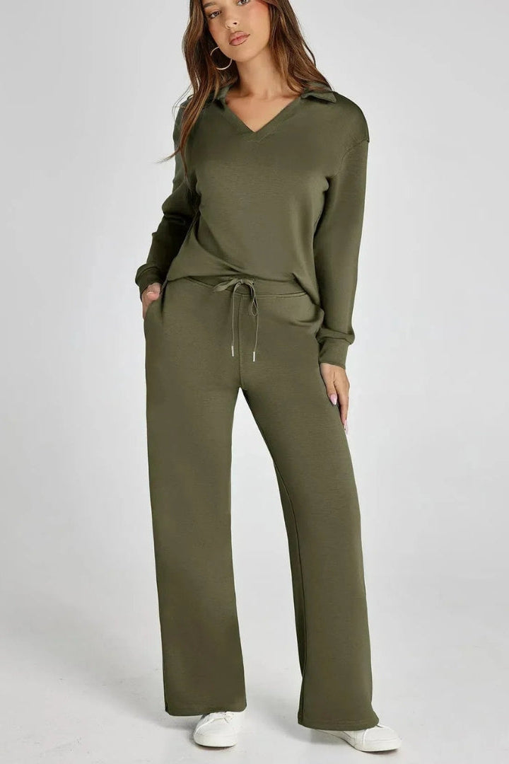 WOMEN’S LOUNGE SET | V-NECK COLLARED TOP & WIDE-LEG PANTS