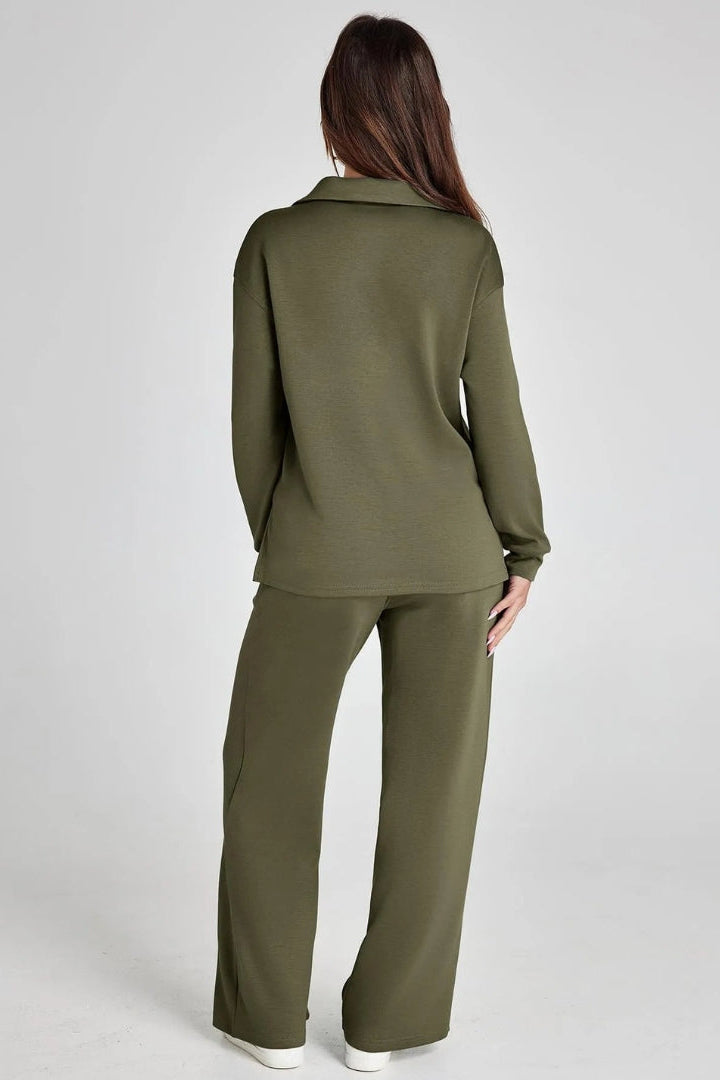 WOMEN’S LOUNGE SET | V-NECK COLLARED TOP & WIDE-LEG PANTS