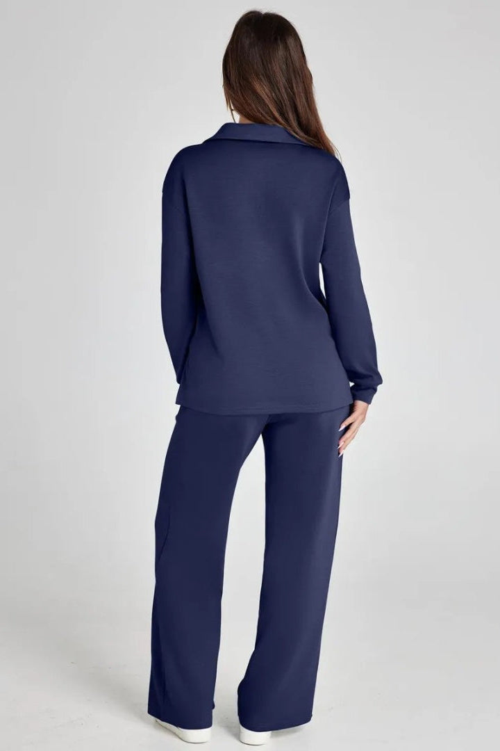WOMEN’S LOUNGE SET | V-NECK COLLARED TOP & WIDE-LEG PANTS