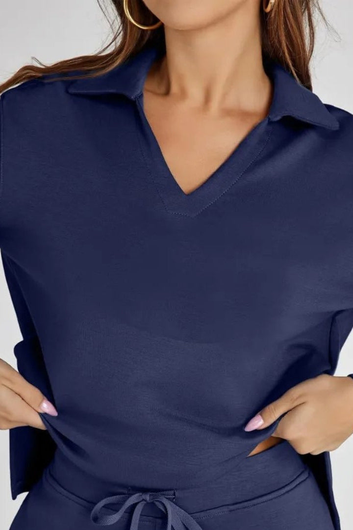 WOMEN’S LOUNGE SET | V-NECK COLLARED TOP & WIDE-LEG PANTS