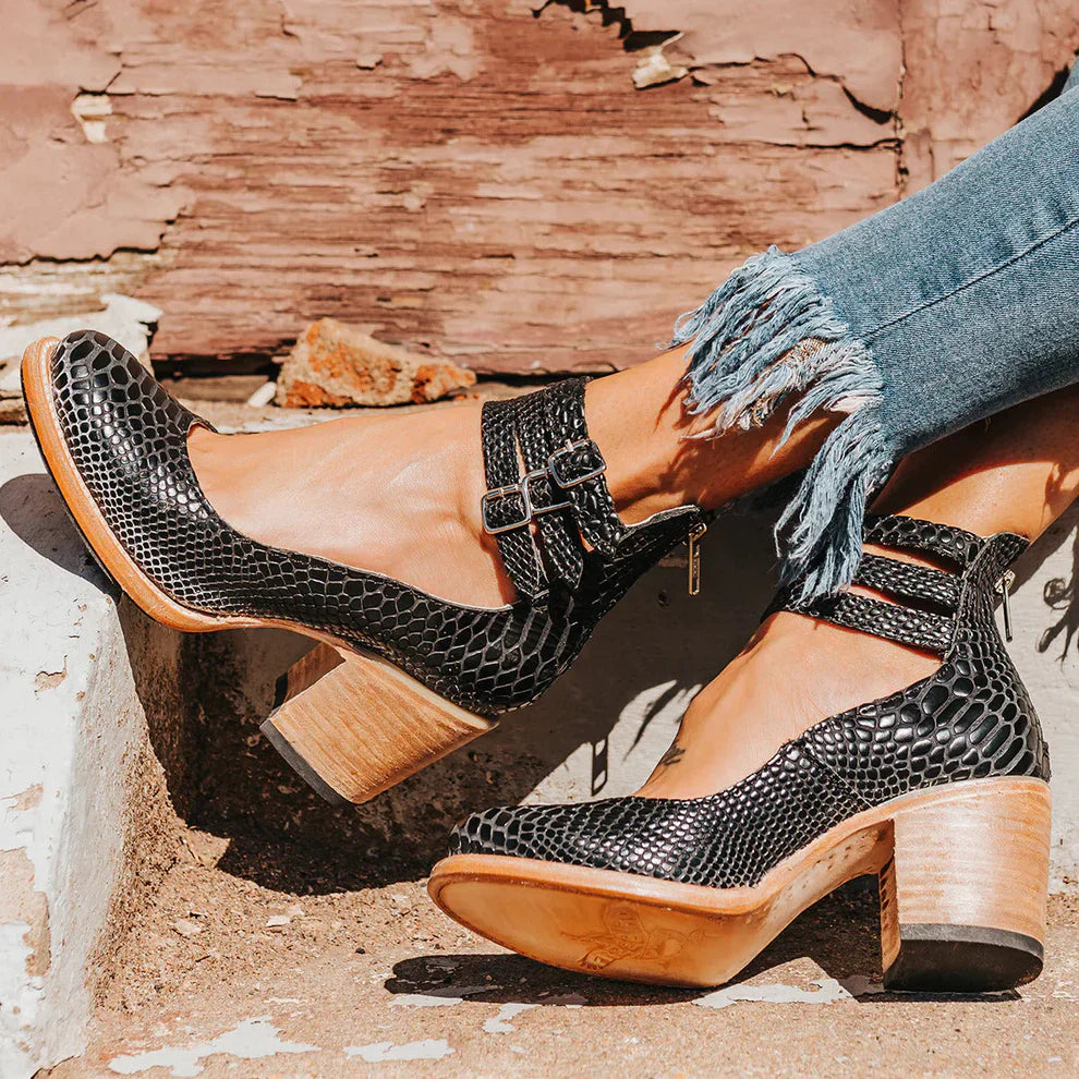 BLOCK HEEL SHOES | STRAPPY ANKLE BUCKLE PUMPS