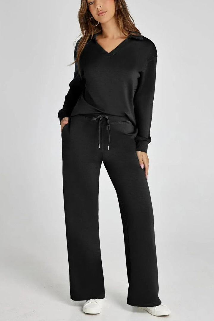 WOMEN’S LOUNGE SET | V-NECK COLLARED TOP & WIDE-LEG PANTS