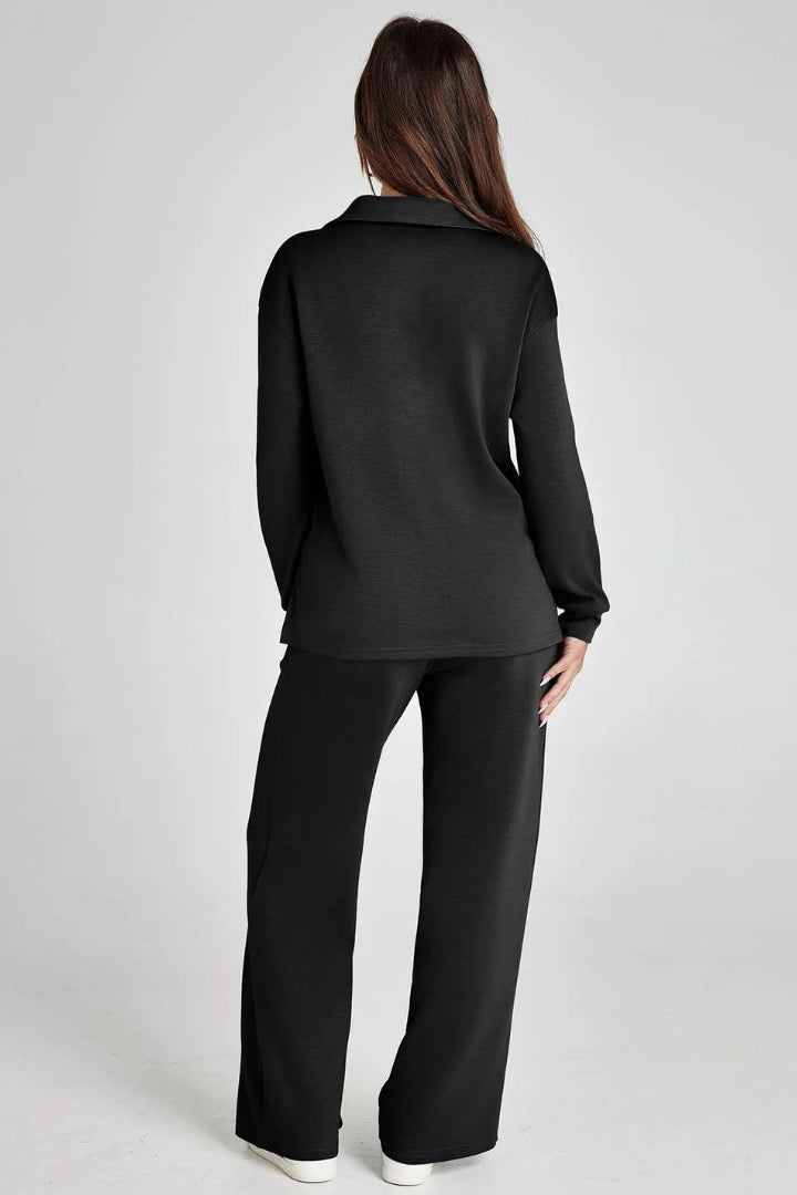 WOMEN’S LOUNGE SET | V-NECK COLLARED TOP & WIDE-LEG PANTS