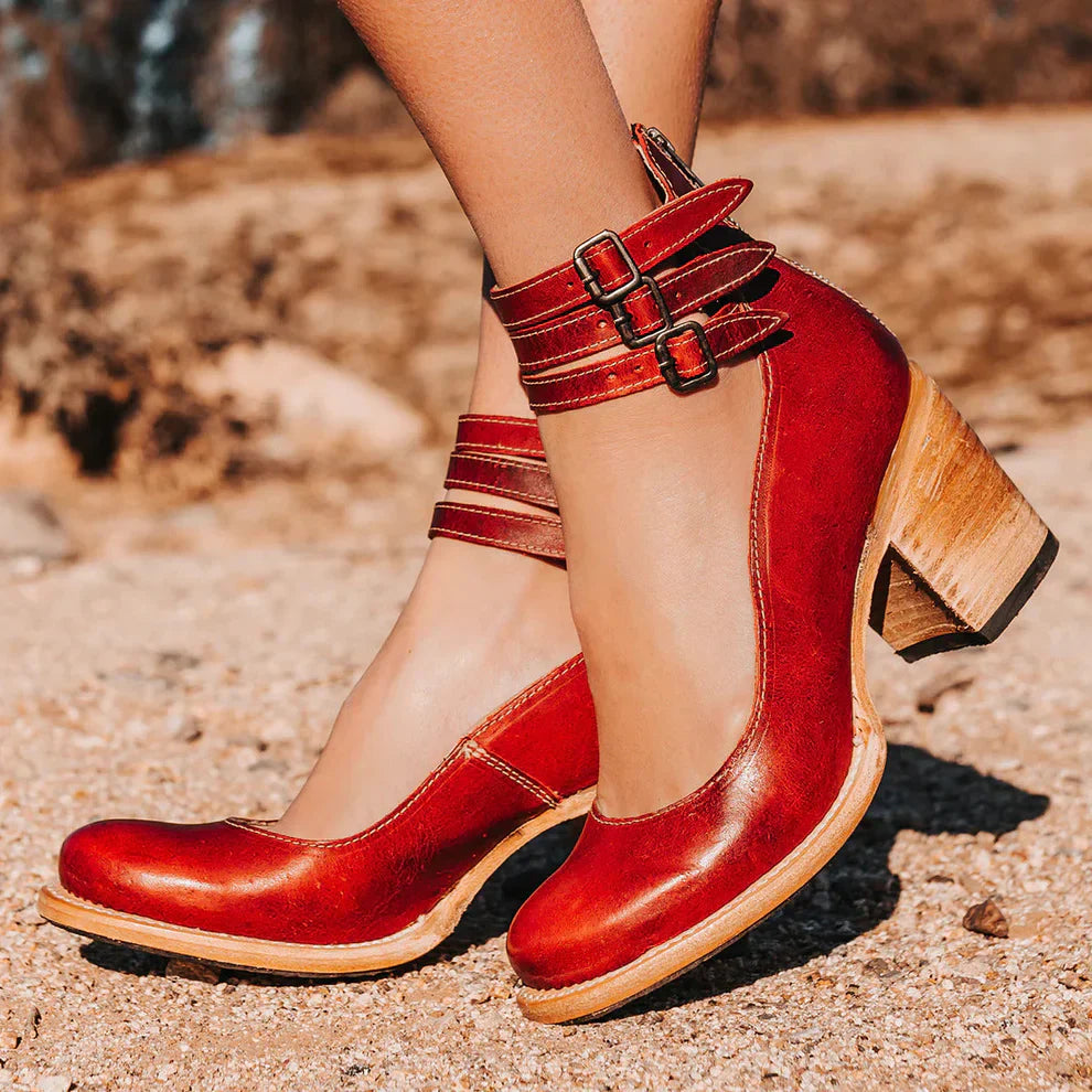 BLOCK HEEL SHOES | STRAPPY ANKLE BUCKLE PUMPS