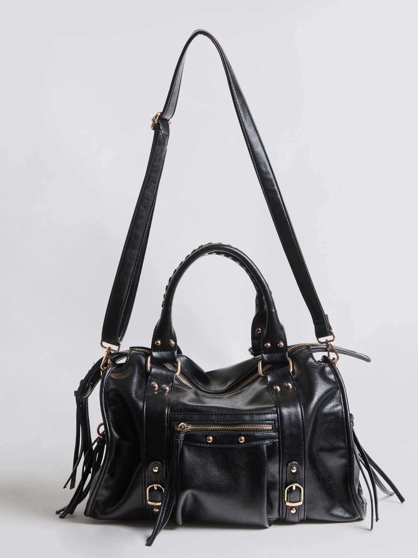HANDBAG | STRUCTURED BOWLER BAG WITH ZIP POCKETS AND METAL DETAILS