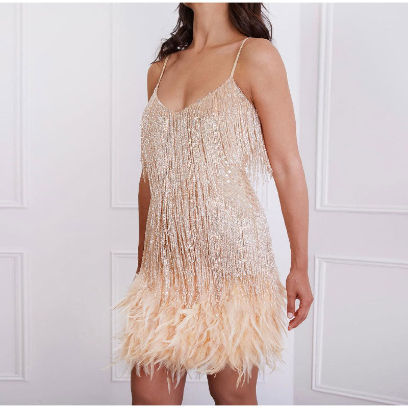 SEQUIN MINI DRESS | FRINGE DETAILING & FEATHER TRIM HEM