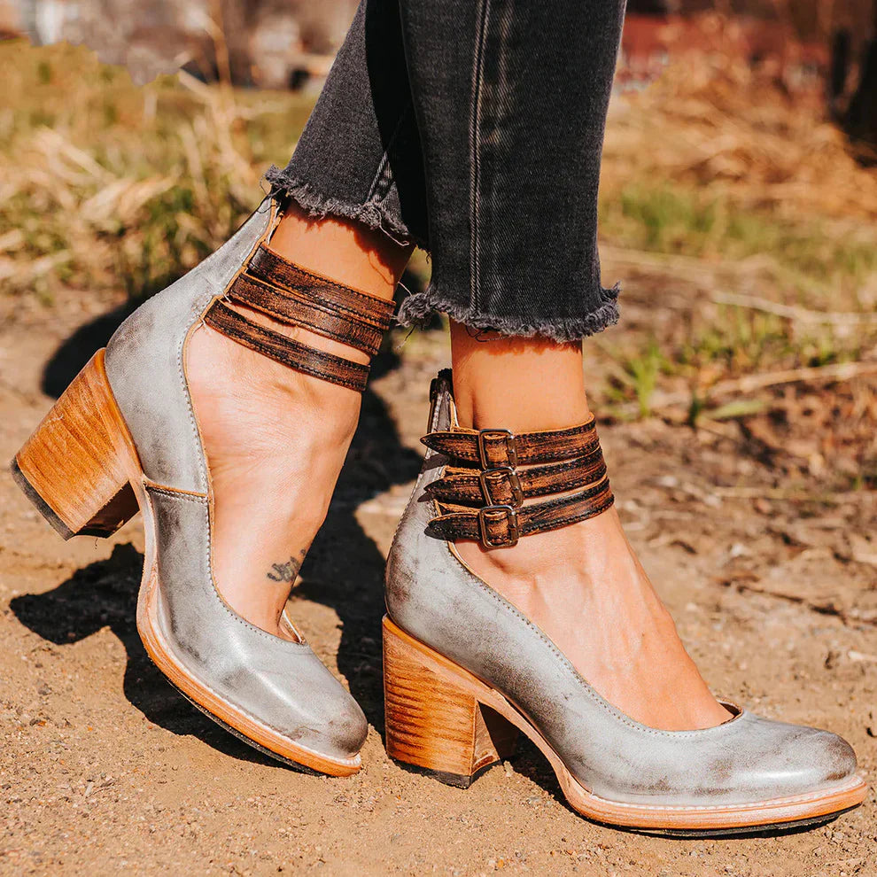 BLOCK HEEL SHOES | STRAPPY ANKLE BUCKLE PUMPS
