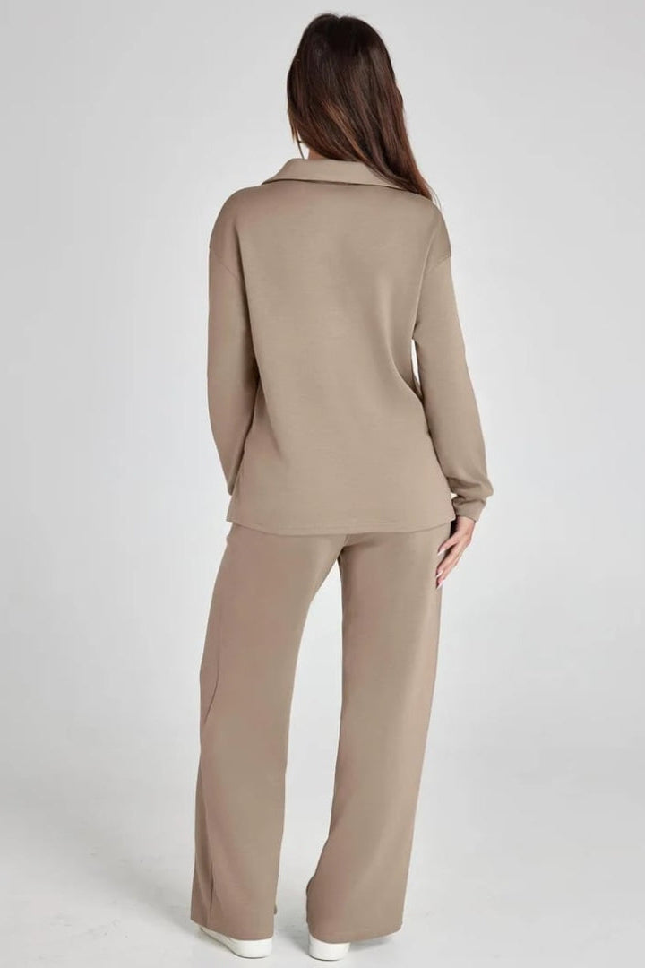 WOMEN’S LOUNGE SET | V-NECK COLLARED TOP & WIDE-LEG PANTS