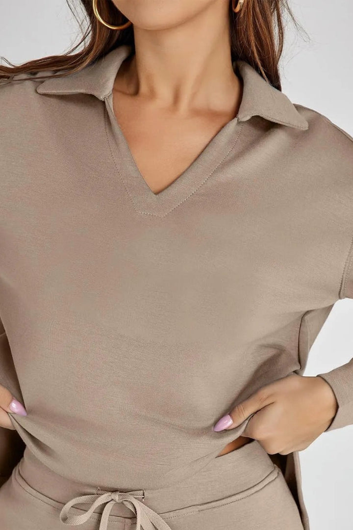 WOMEN’S LOUNGE SET | V-NECK COLLARED TOP & WIDE-LEG PANTS