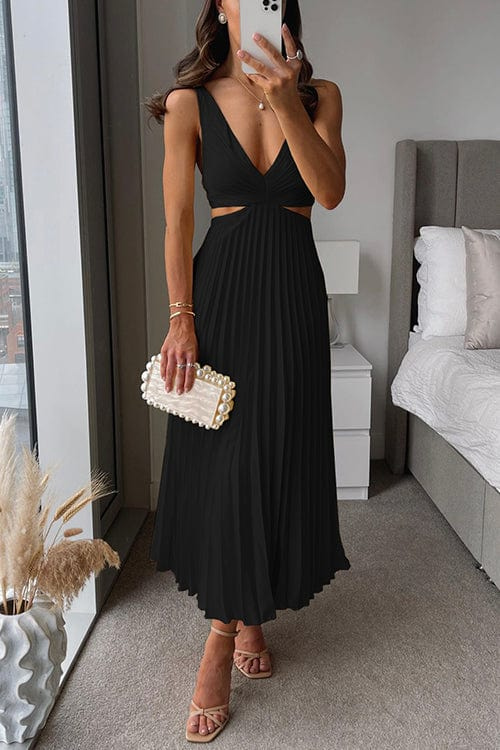 CHRISTMAS MIDI DRESS | PLEATED WITH CUT-OUT WAIST & V-NECKLINE
