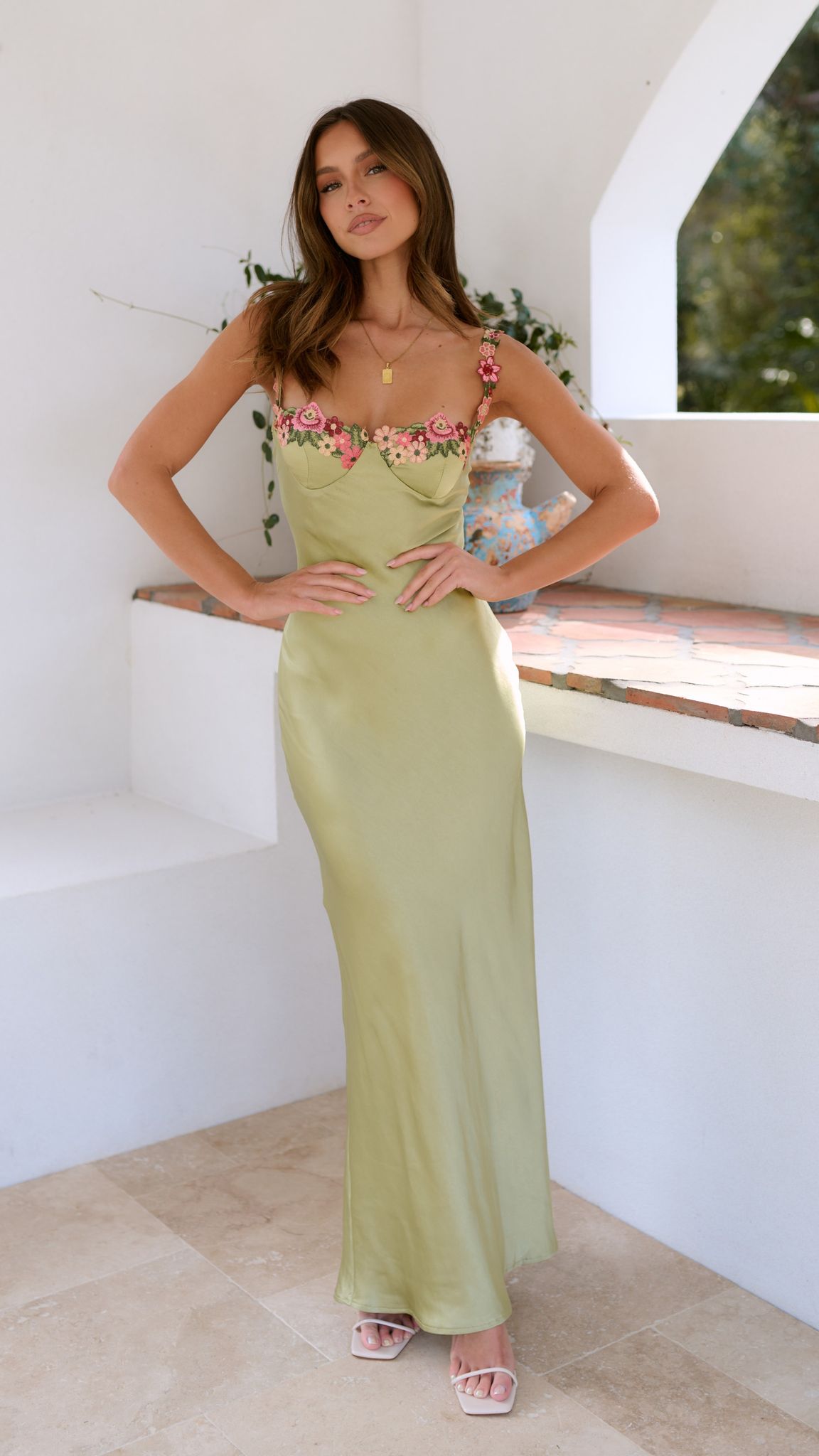 GREEN PARTY DRESS | FITTED FLORAL EMBROIDERED BUSTIER