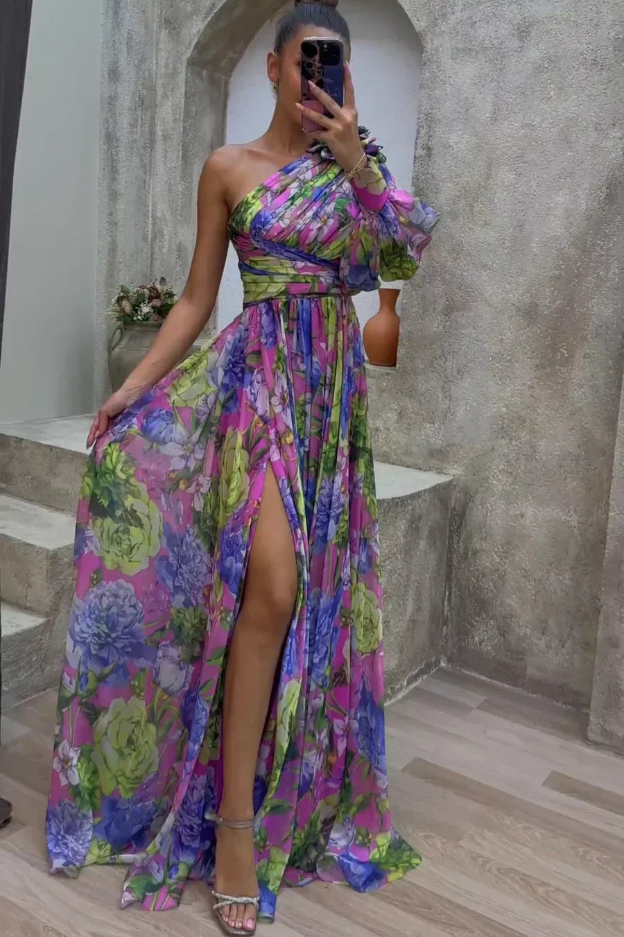 WEDDING GUEST DRESS | ONE-SHOULDER MAXI WITH PLEATED SKIRT