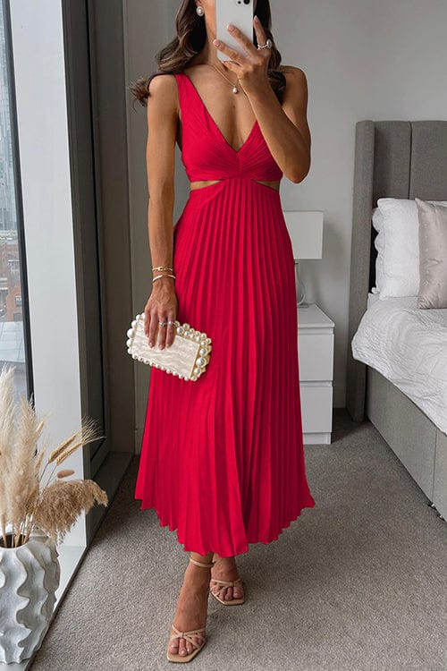 CHRISTMAS MIDI DRESS | PLEATED WITH CUT-OUT WAIST & V-NECKLINE