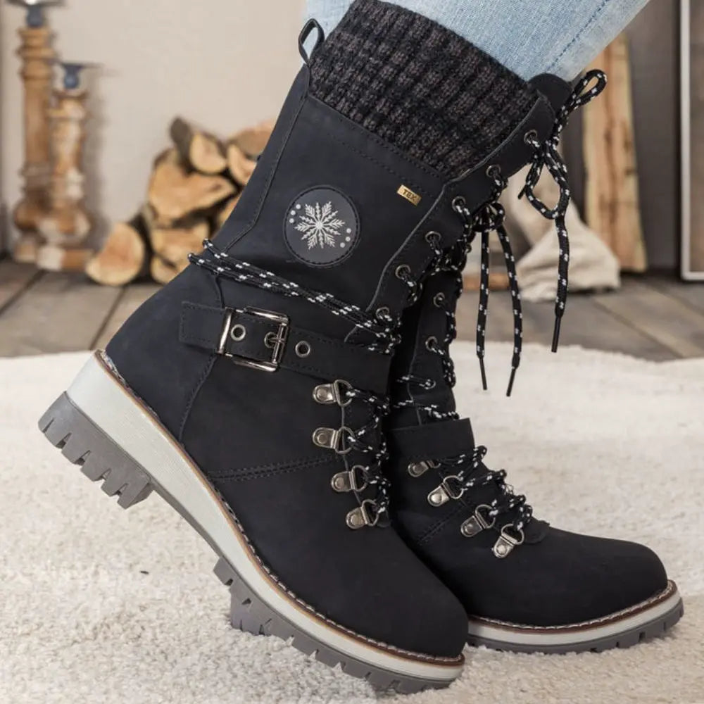 WINTER BOOTS | LACE-UP SNOW BOOTS WITH KNIT CUFF AND BUCKLE DETAIL