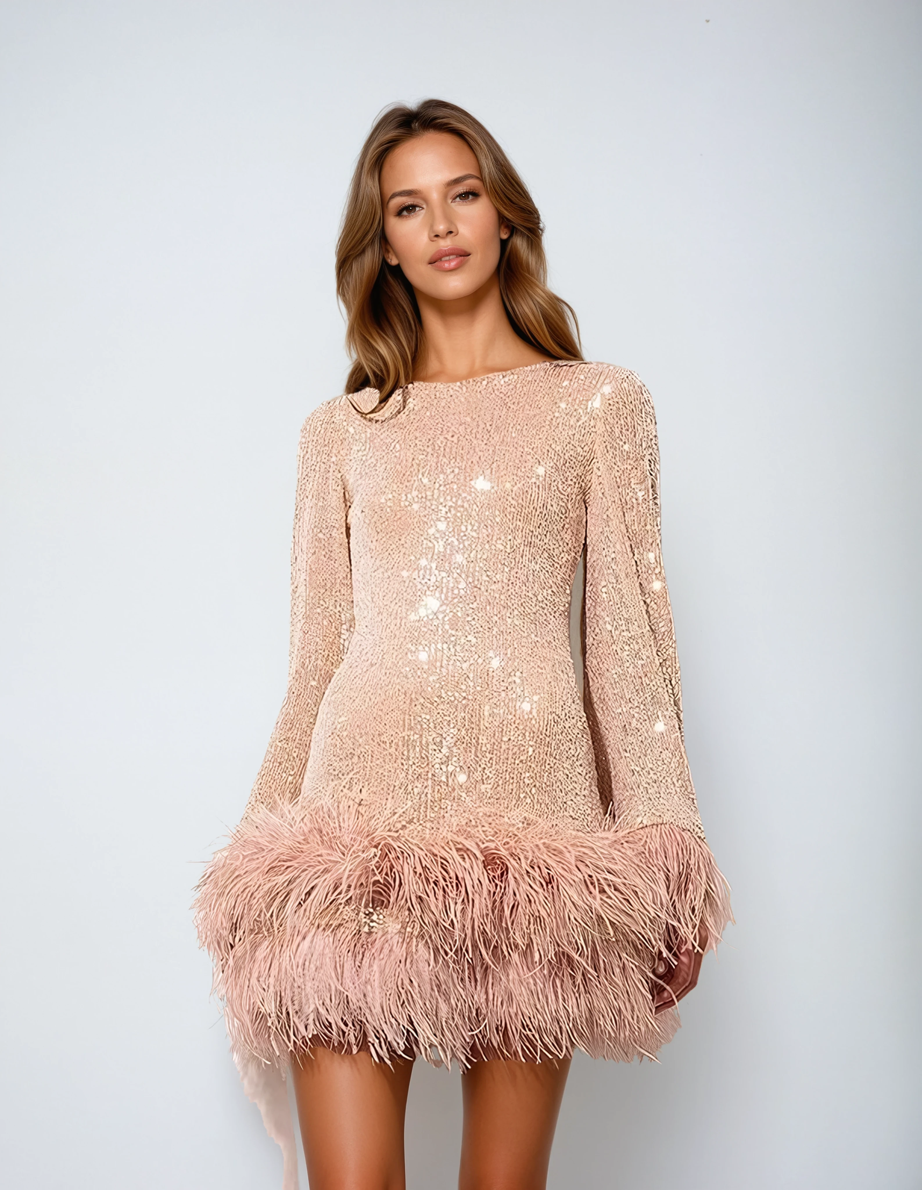 SEQUIN DRESS | FEATHER TRIM HEM & LOW BACK SILHOUETTE