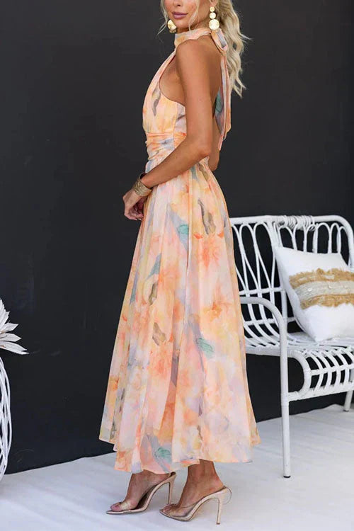 HALTER NECK FLORAL DRESS | PLEATED MIDI FIT FOR WEDDING GUESTS