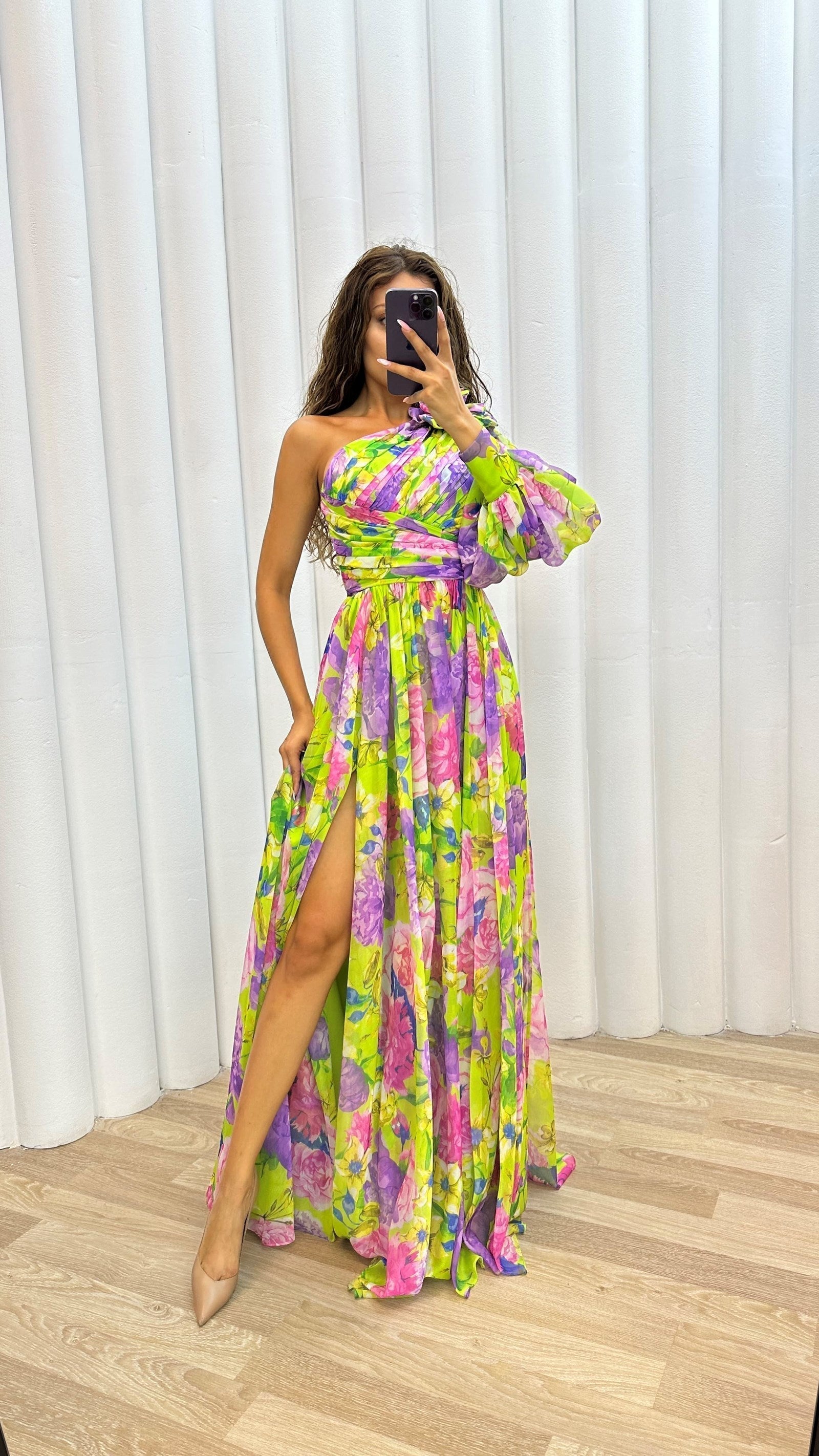 WEDDING GUEST DRESS | ONE-SHOULDER MAXI WITH PLEATED SKIRT