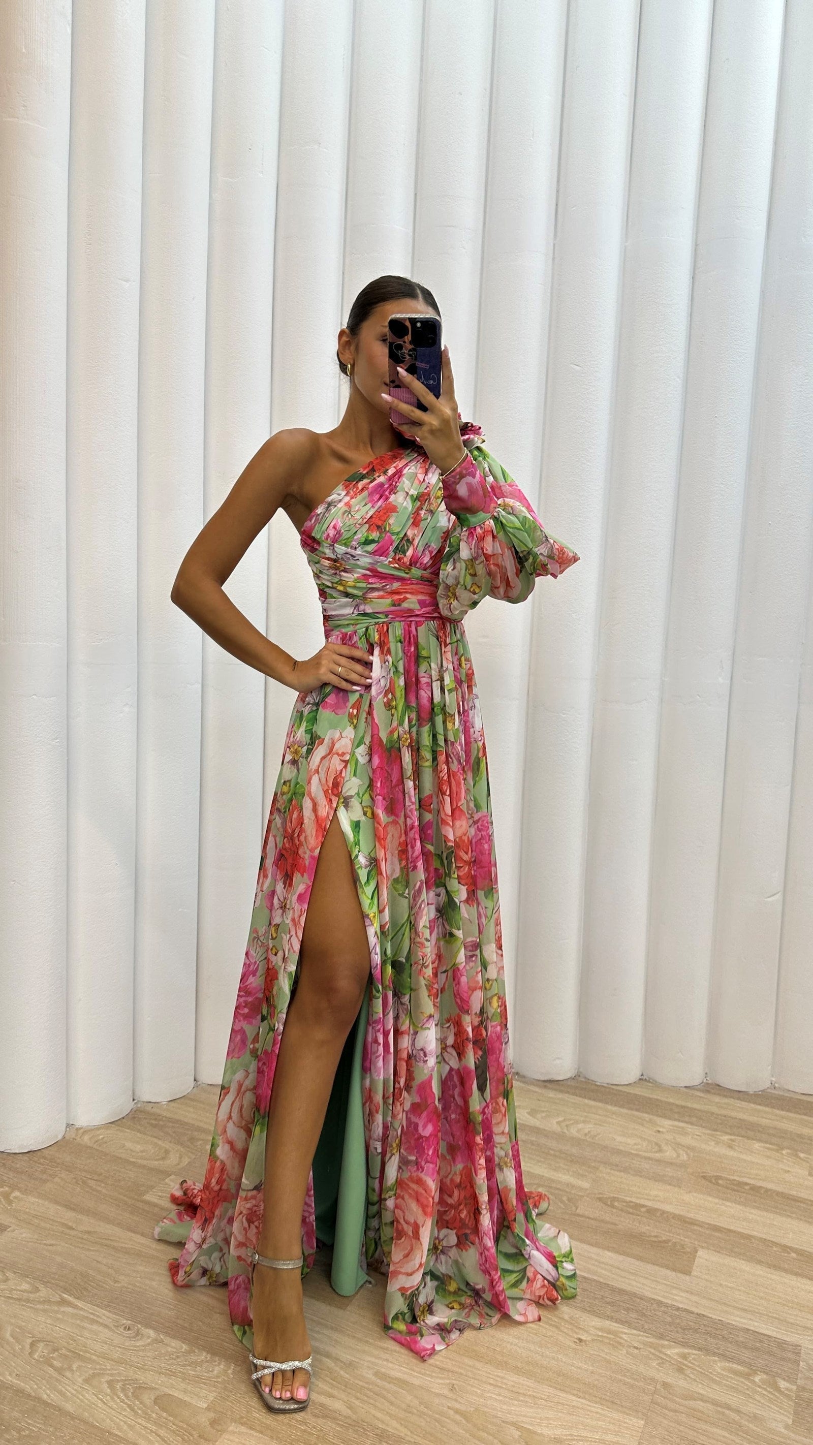 WEDDING GUEST DRESS | ONE-SHOULDER MAXI WITH PLEATED SKIRT