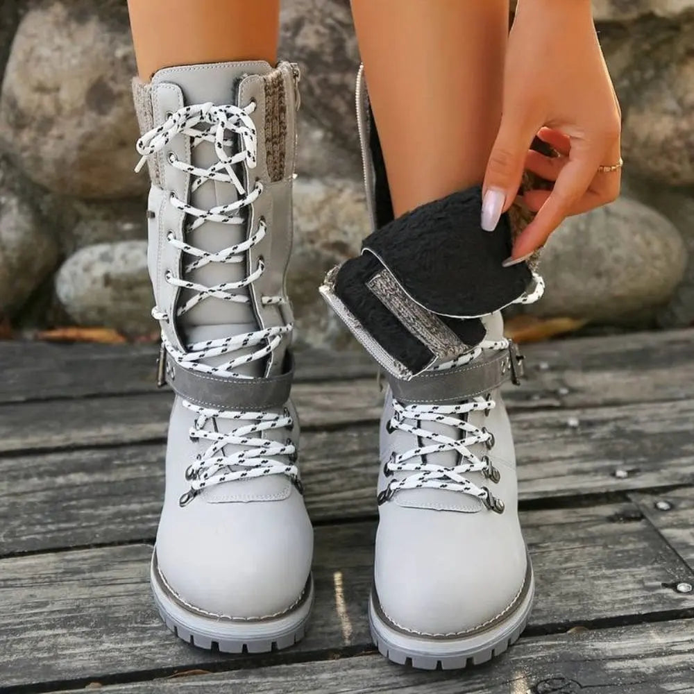 WINTER BOOTS | LACE-UP SNOW BOOTS WITH KNIT CUFF AND BUCKLE DETAIL