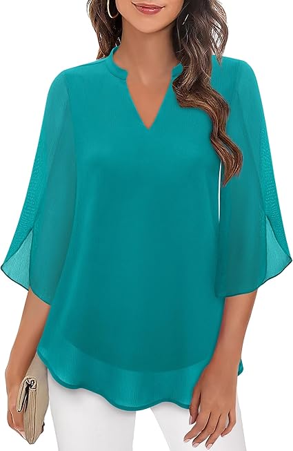 CHIFFON V-NECK BLOUSE - FLUTTER 3/4 SLEEVES