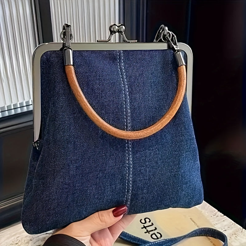 RETRO TOUCH | DENIM FRAME HANDBAG WITH WOODEN HANDLE