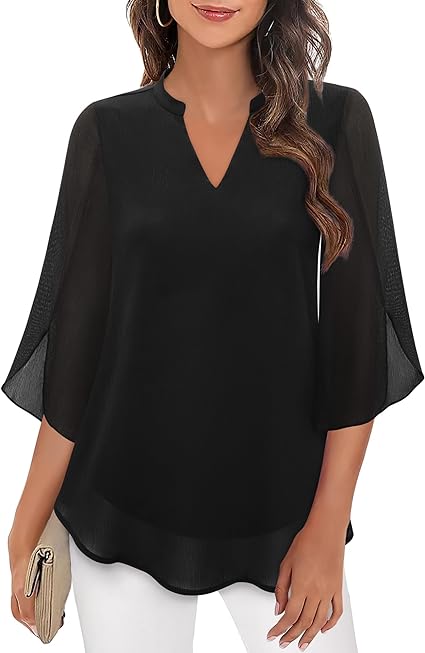 CHIFFON V-NECK BLOUSE - FLUTTER 3/4 SLEEVES