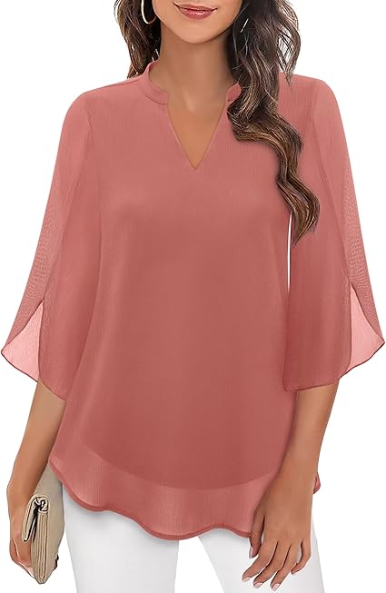 CHIFFON V-NECK BLOUSE - FLUTTER 3/4 SLEEVES
