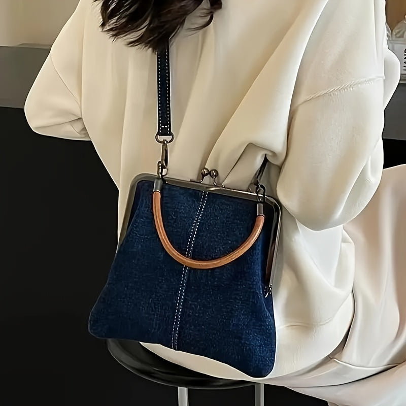 RETRO TOUCH | DENIM FRAME HANDBAG WITH WOODEN HANDLE