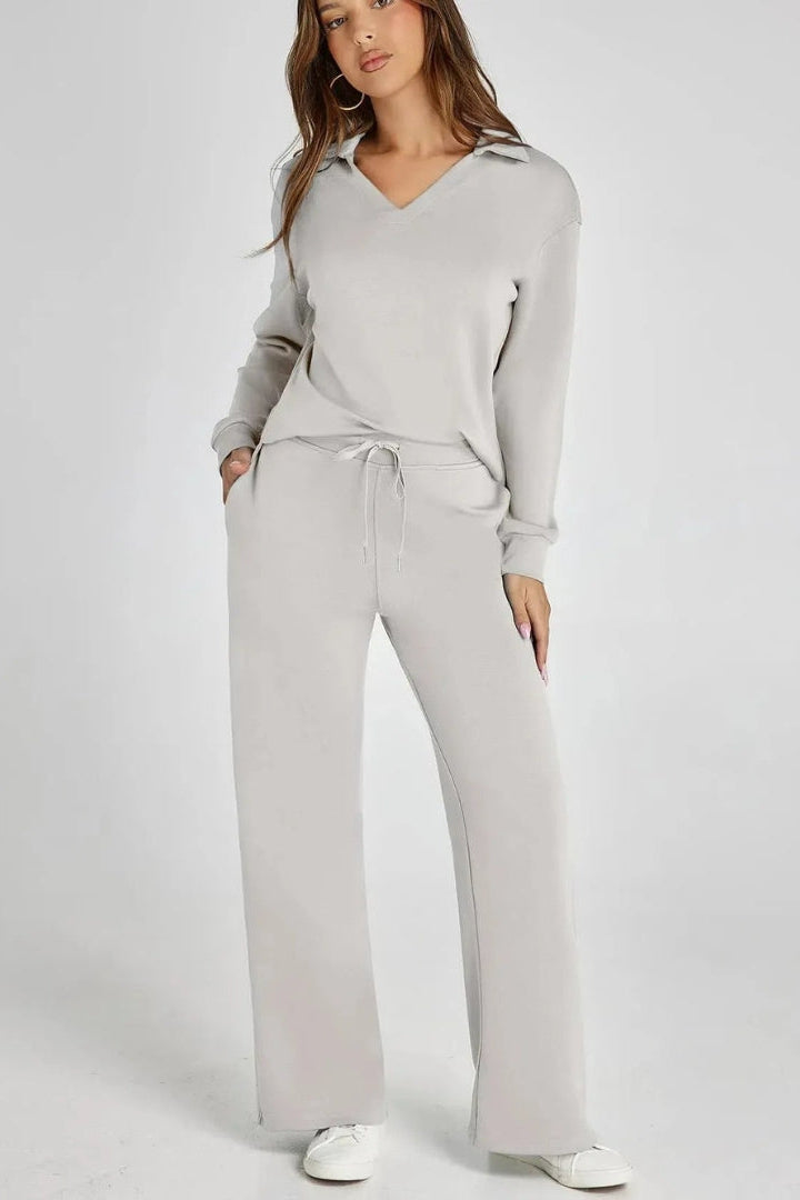 WOMEN’S LOUNGE SET | V-NECK COLLARED TOP & WIDE-LEG PANTS