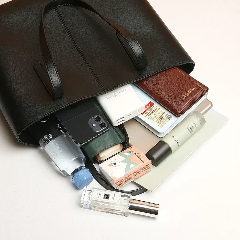 HANDBAG | CLASSIC LEATHER TOTE BAG WITH LONG STRAPS