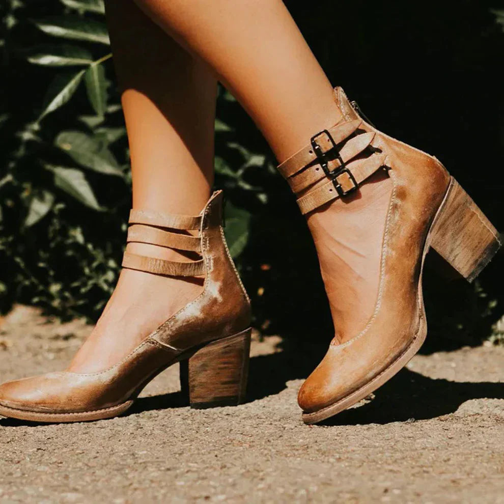 BLOCK HEEL SHOES | STRAPPY ANKLE BUCKLE PUMPS