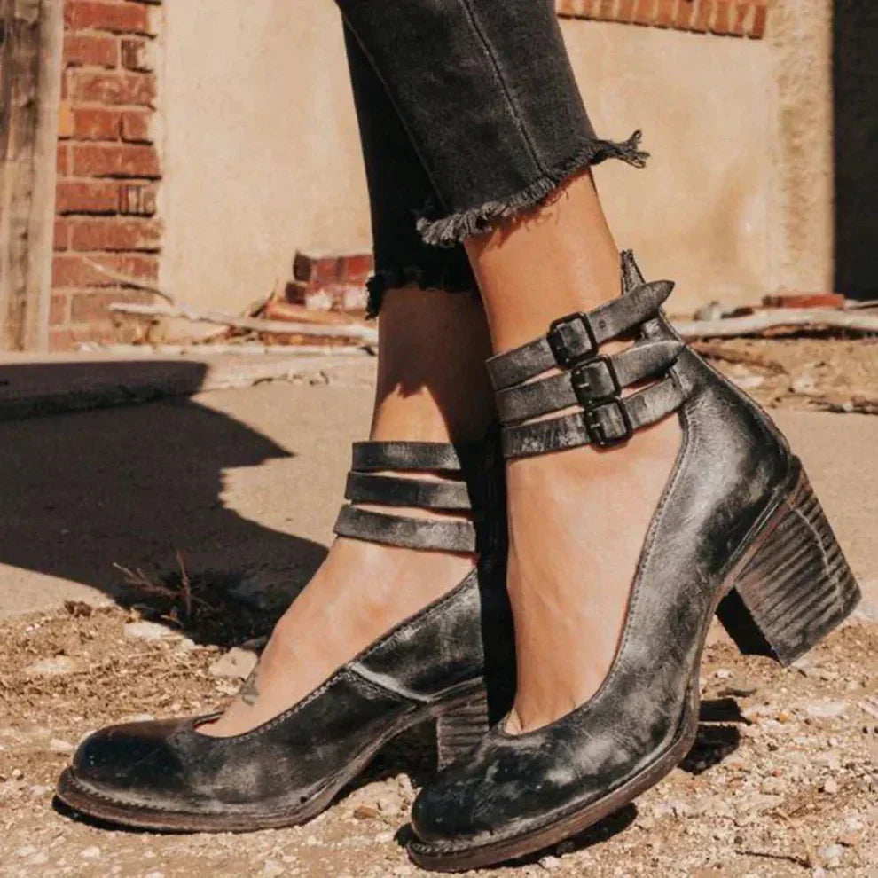 BLOCK HEEL SHOES | STRAPPY ANKLE BUCKLE PUMPS