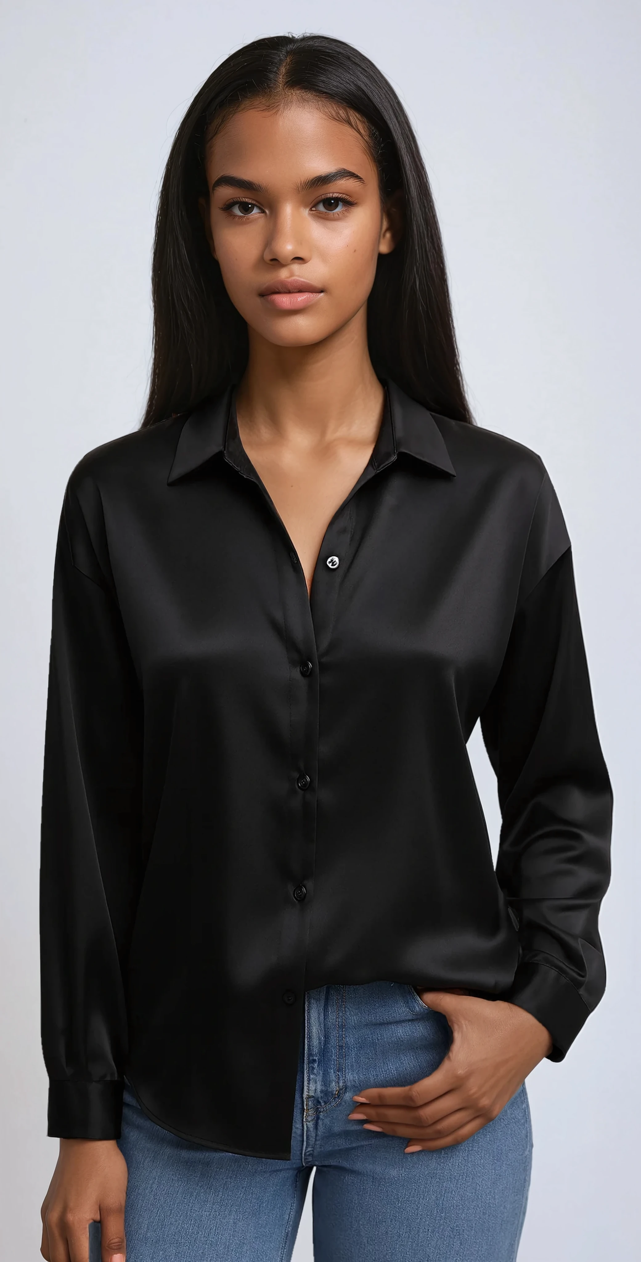 MIDNIGHT ELEGANCE | SATIN BUTTON-UP BLOUSE