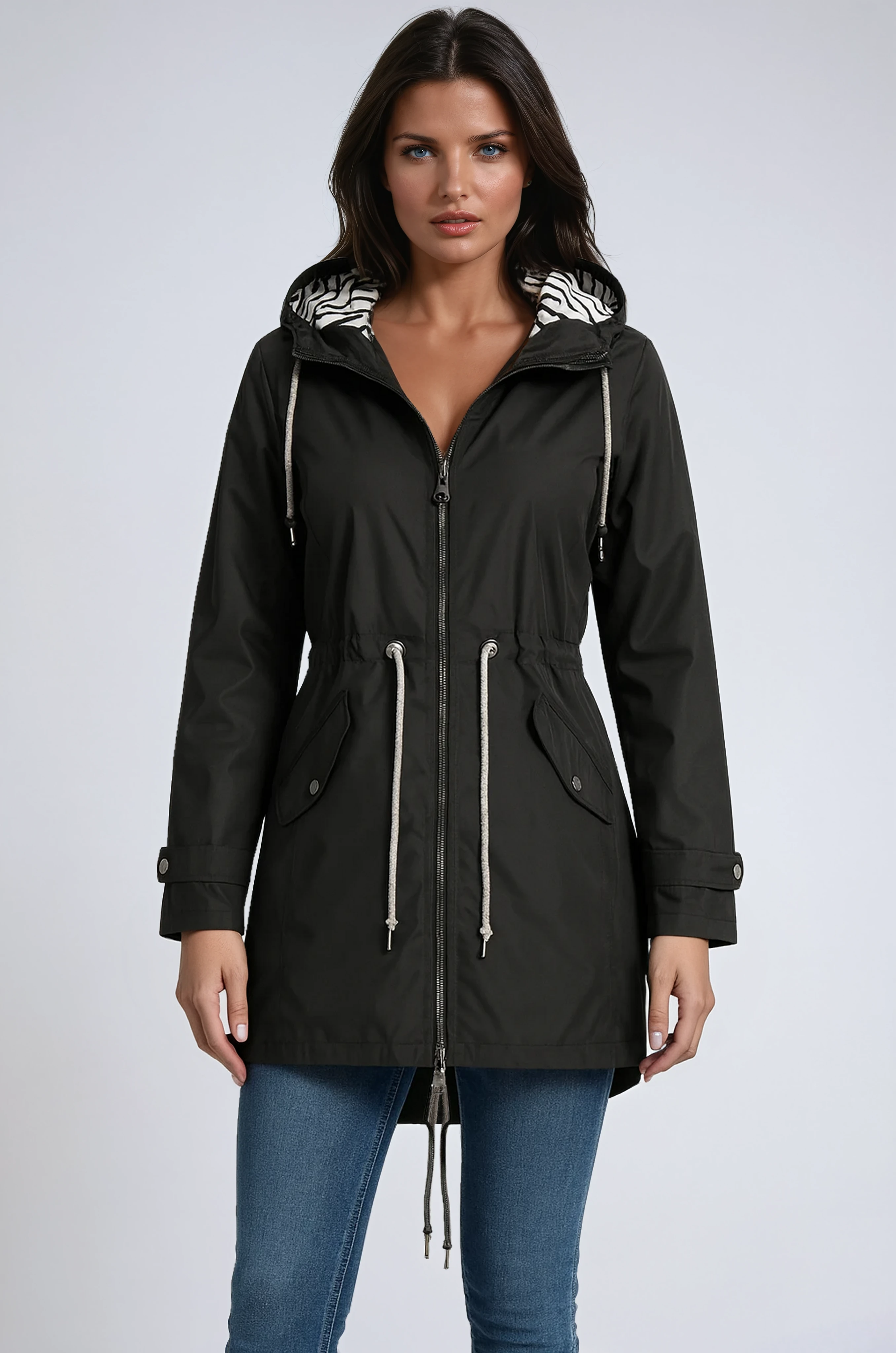 RAIN JACKET | PARKA COAT WITH HOOD AND DRAWSTRING WAIST