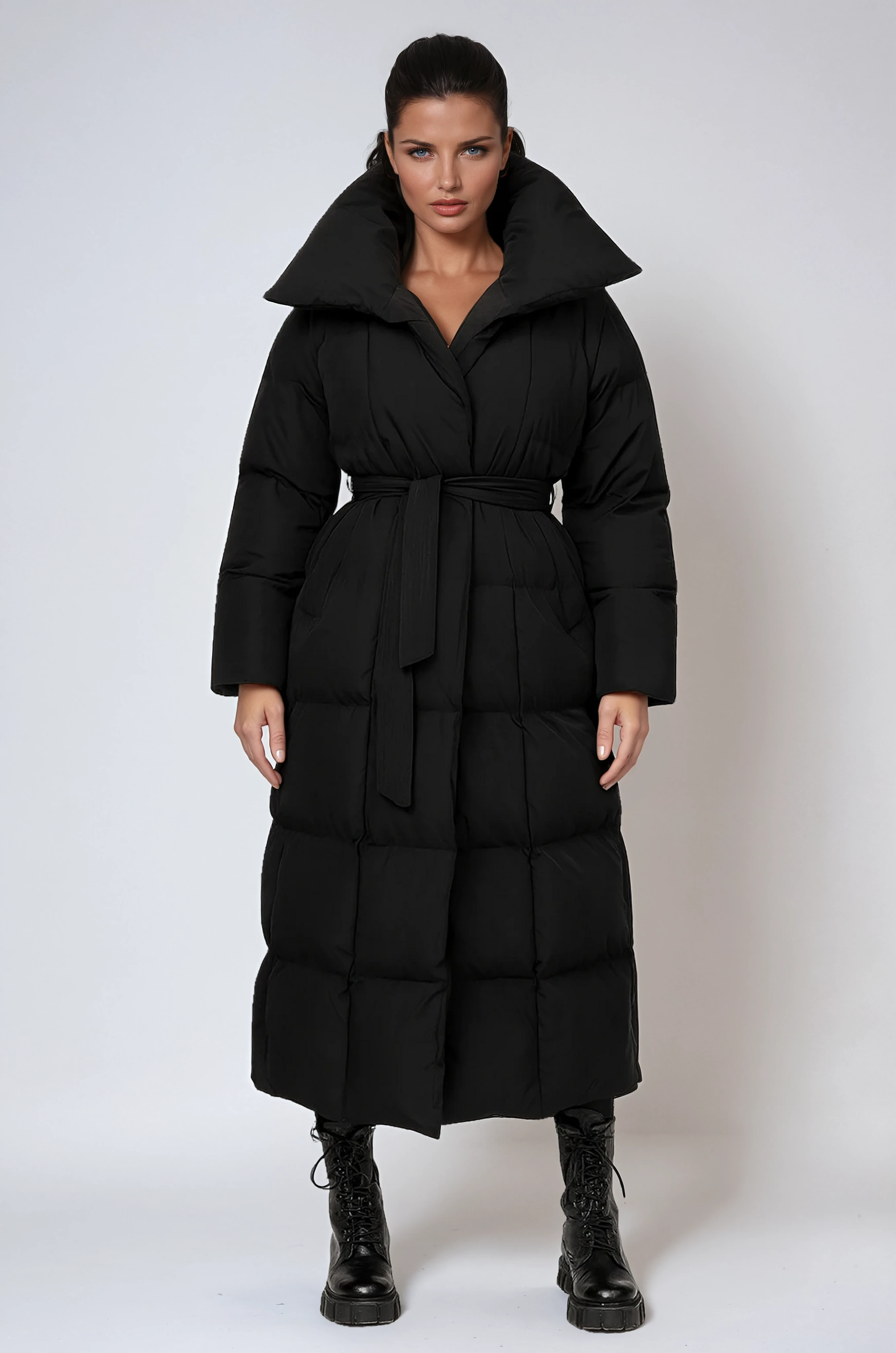 WOMEN’S LONG PUFFER COAT | BLACK MAXI BELTED WINTER JACKET