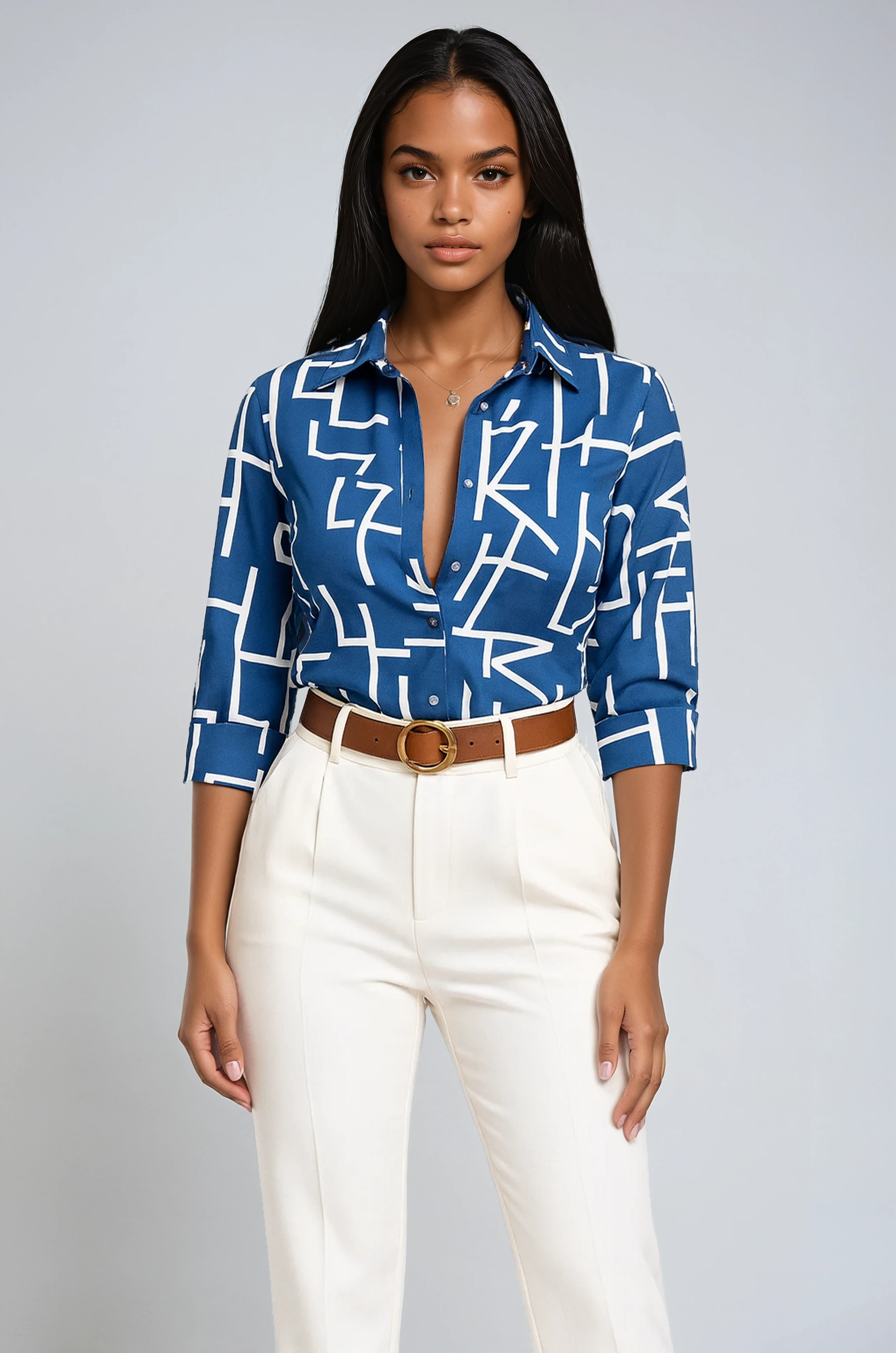 GRAPHIC CHIC | BLUE GEOMETRIC PRINT BUTTON-UP BLOUSE