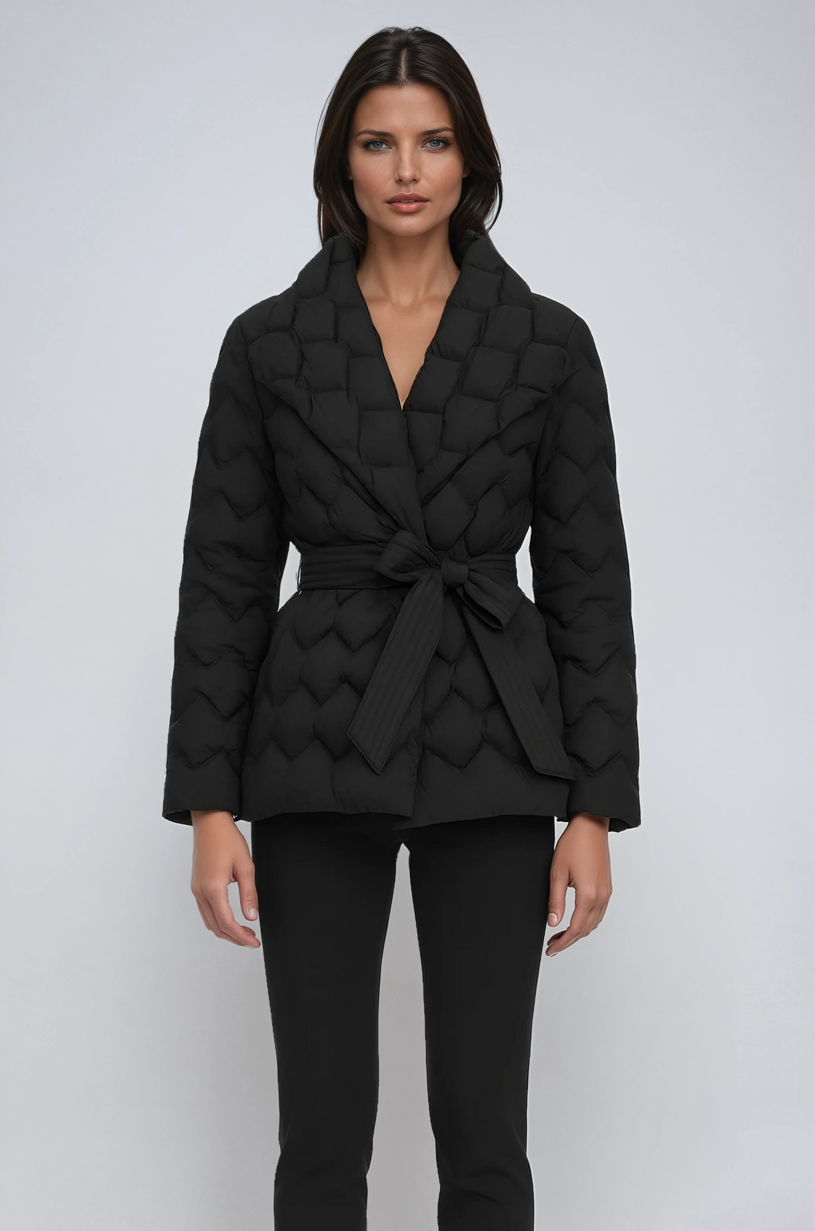 WOMEN’S PUFFER JACKET | BLACK QUILTED BELTED COAT