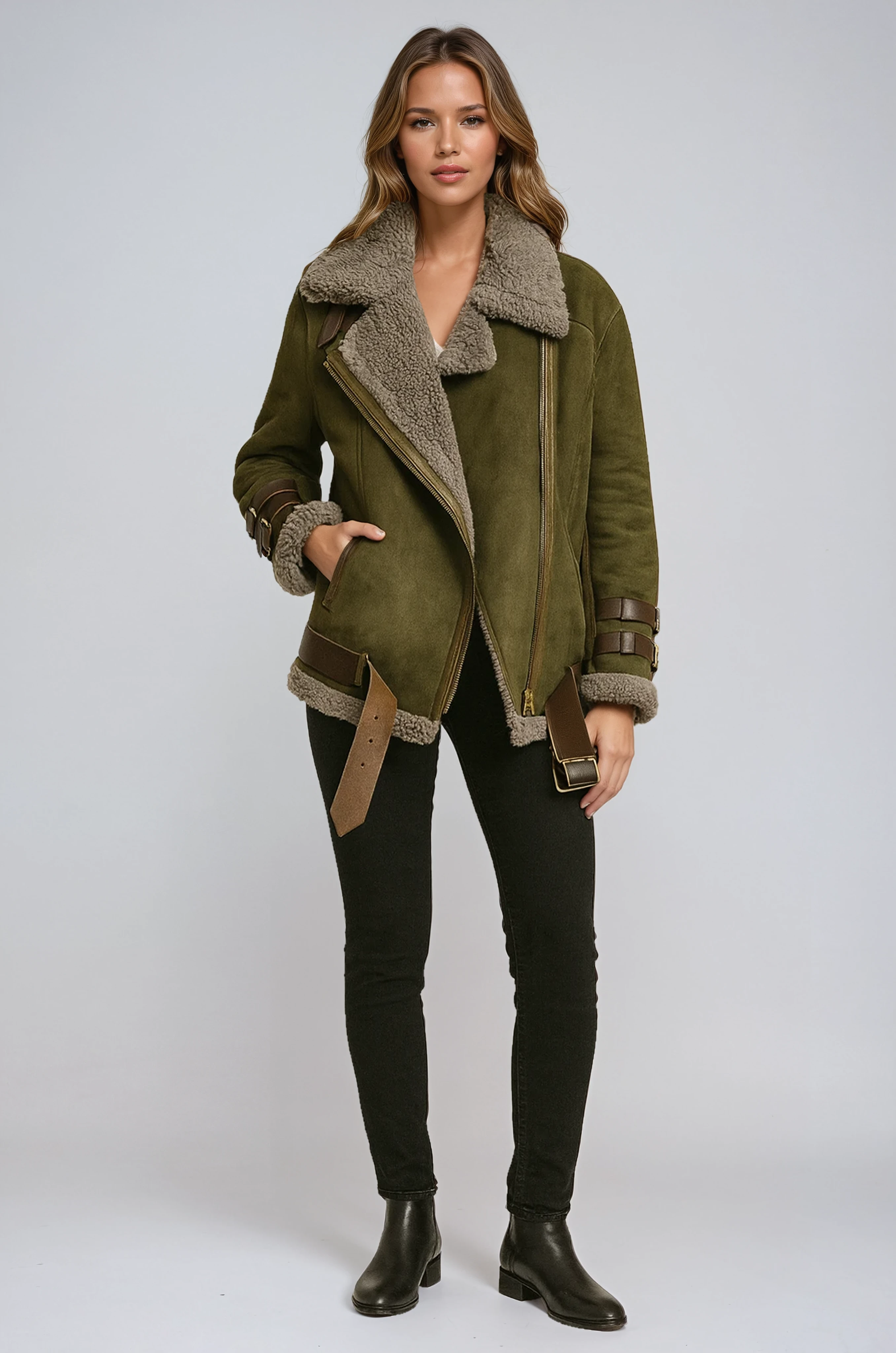 WOMEN'S WOOL AVIATOR JACKET WITH BUCKLES