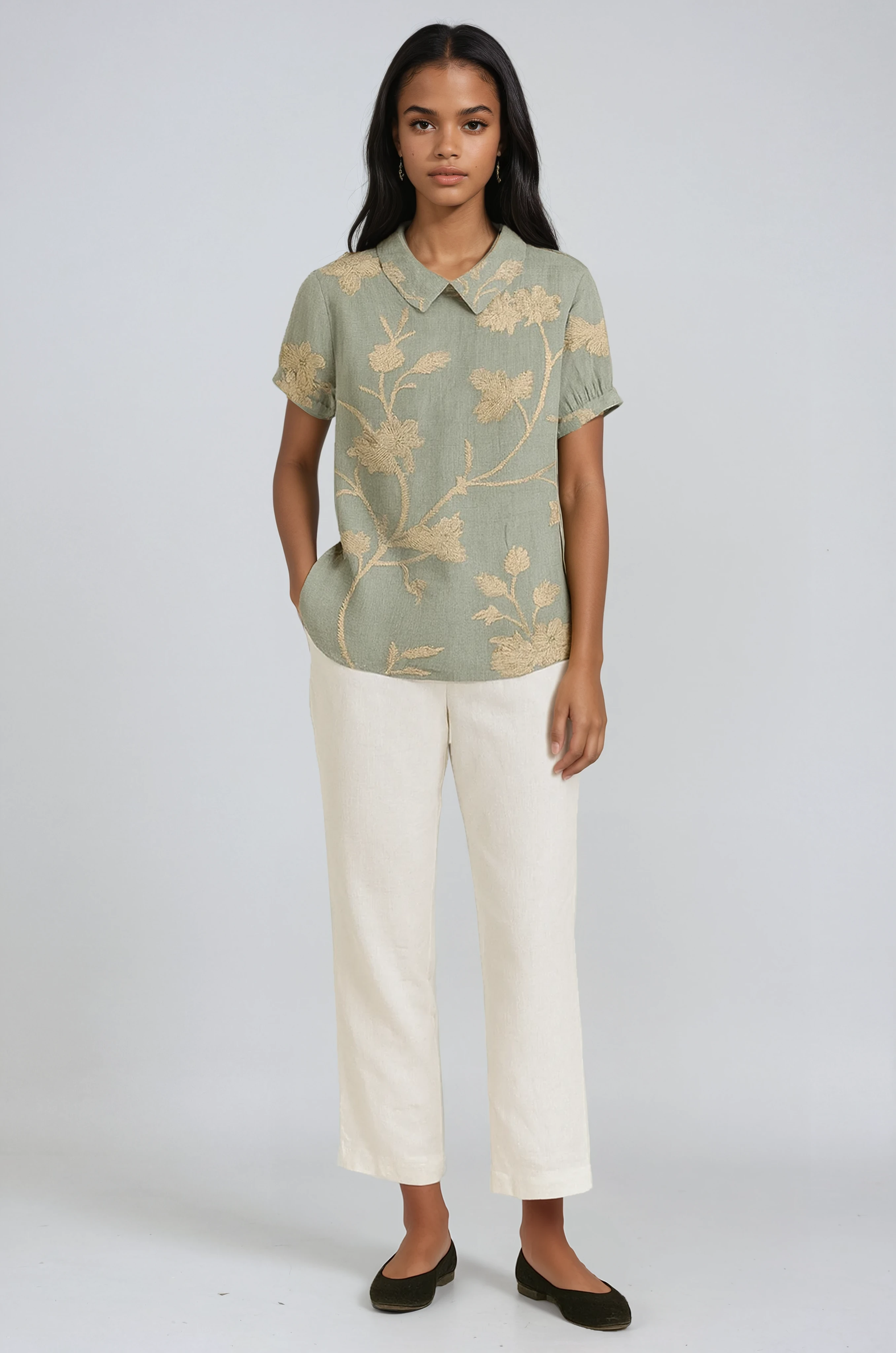 BOTANICAL CHARM | GREEN LINEN BLOUSE WITH FLORAL EMBROIDERY