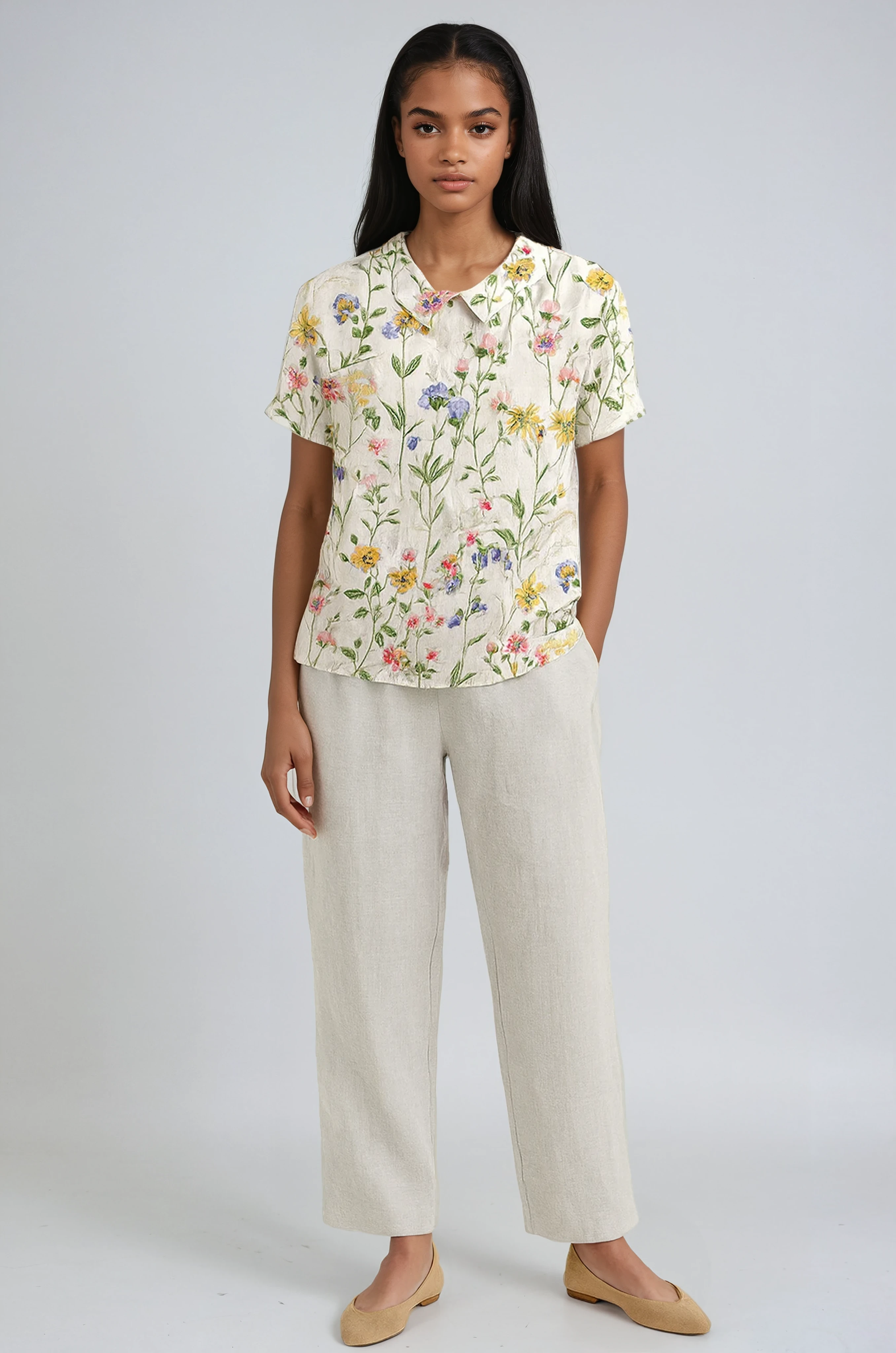 BOTANICAL CHARM | GREEN LINEN BLOUSE WITH FLORAL EMBROIDERY
