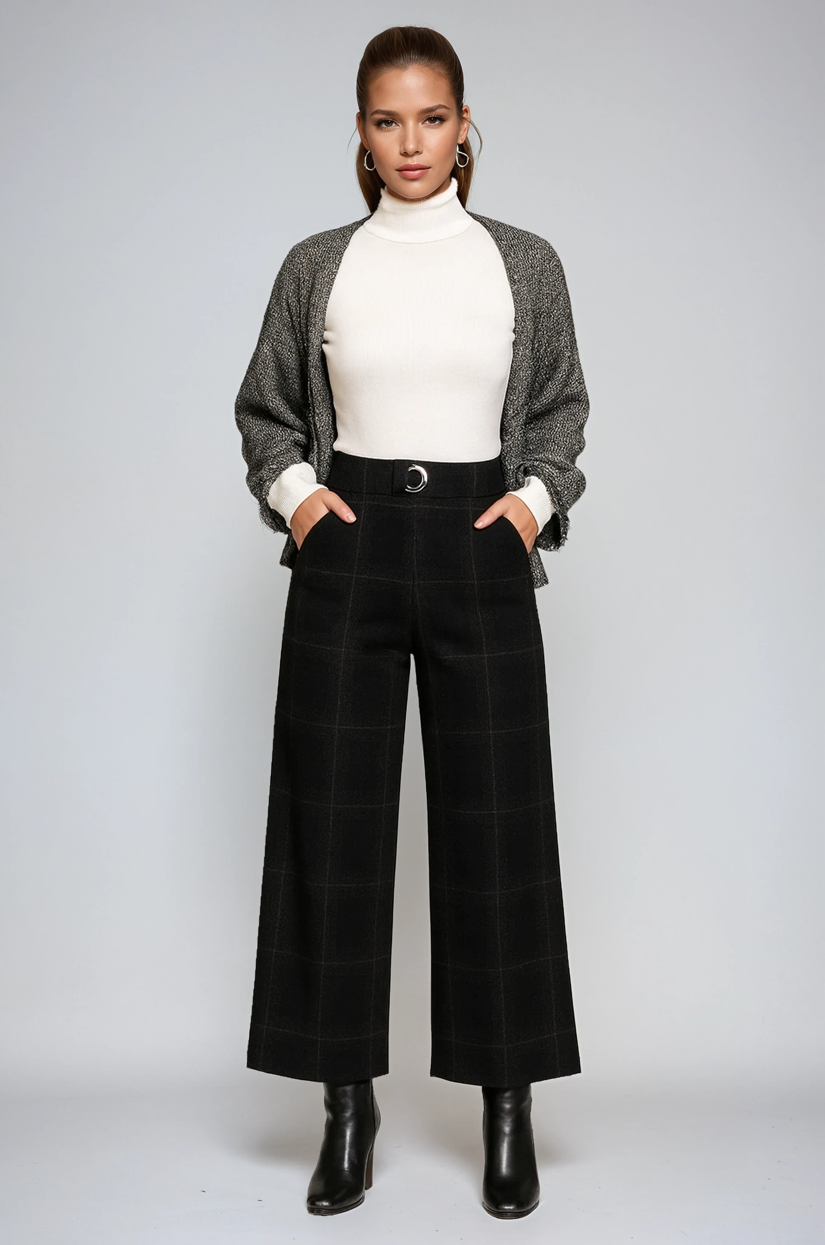 URBAN ELEGANCE | BELTED WIDE LEG CROPPED TROUSERS WITH CHECK PATTERN