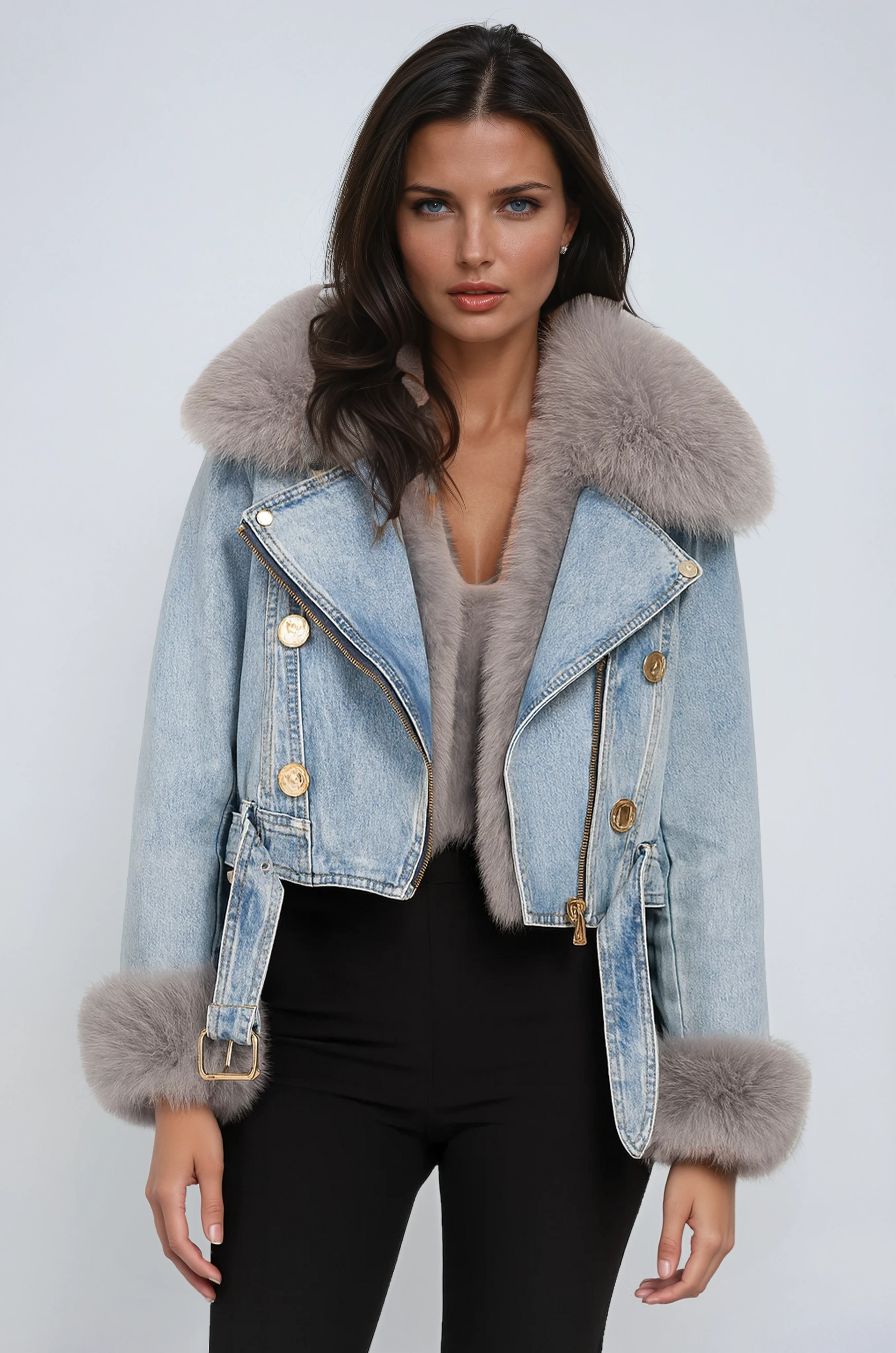 Denim Winter Jacket with Fur Collar