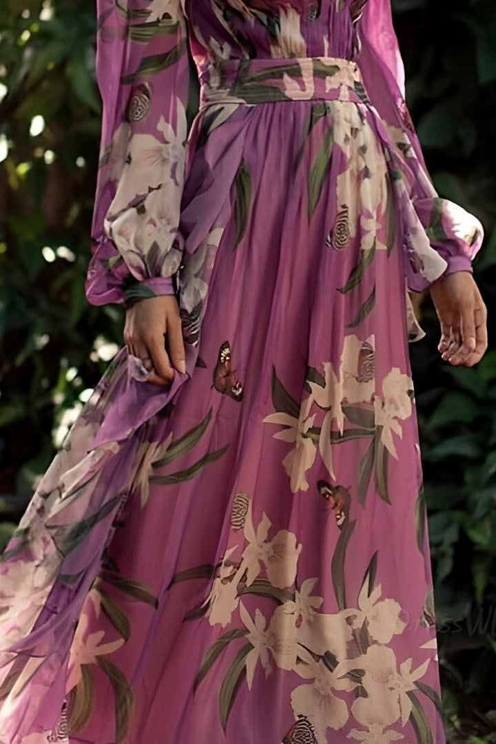 PURPLE PARTY DRESS | LONG-SLEEVE WITH FLORAL PRINT