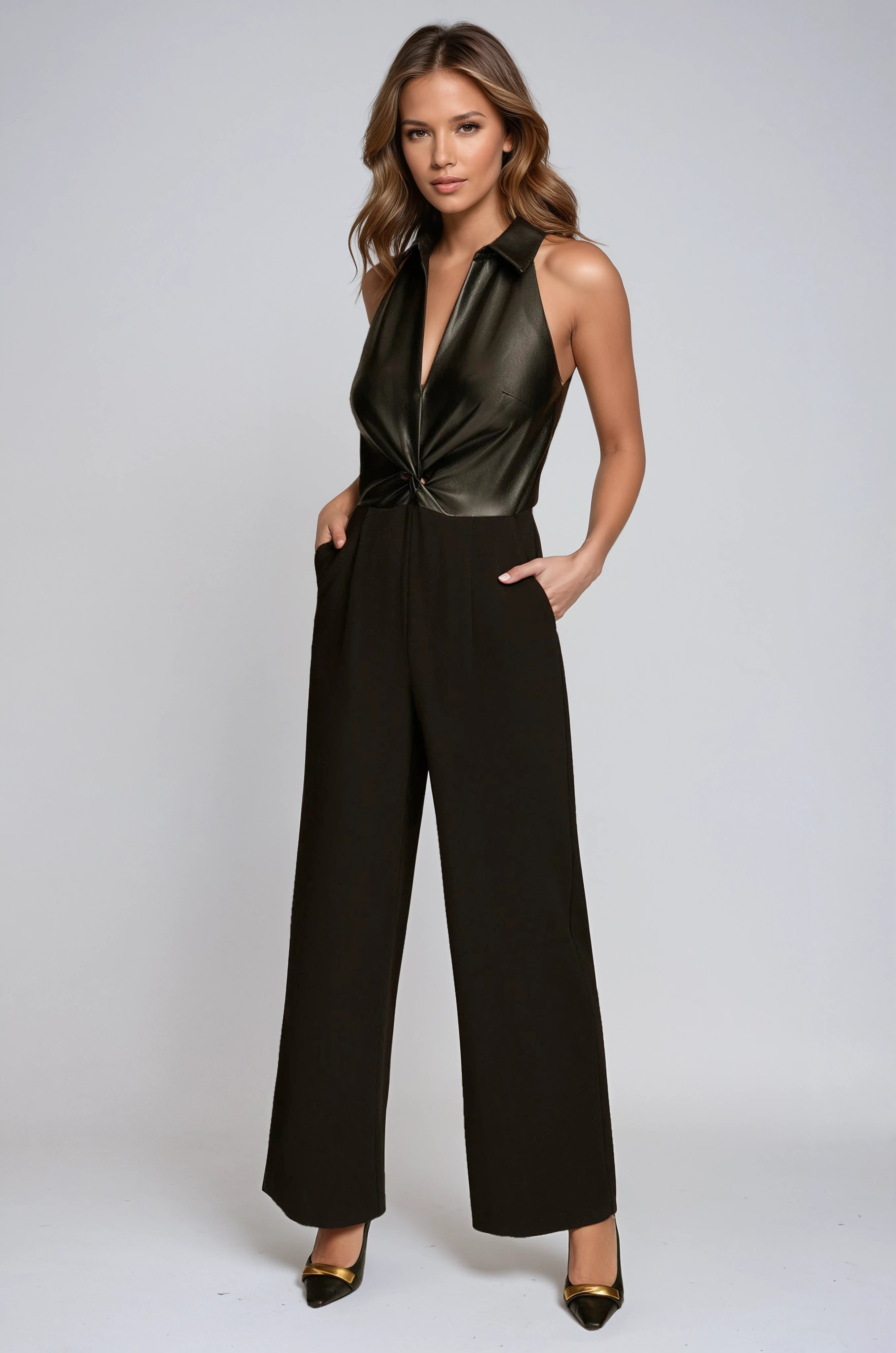 NIGHT OUT EDGE | FAUX LEATHER HALTER JUMPSUIT