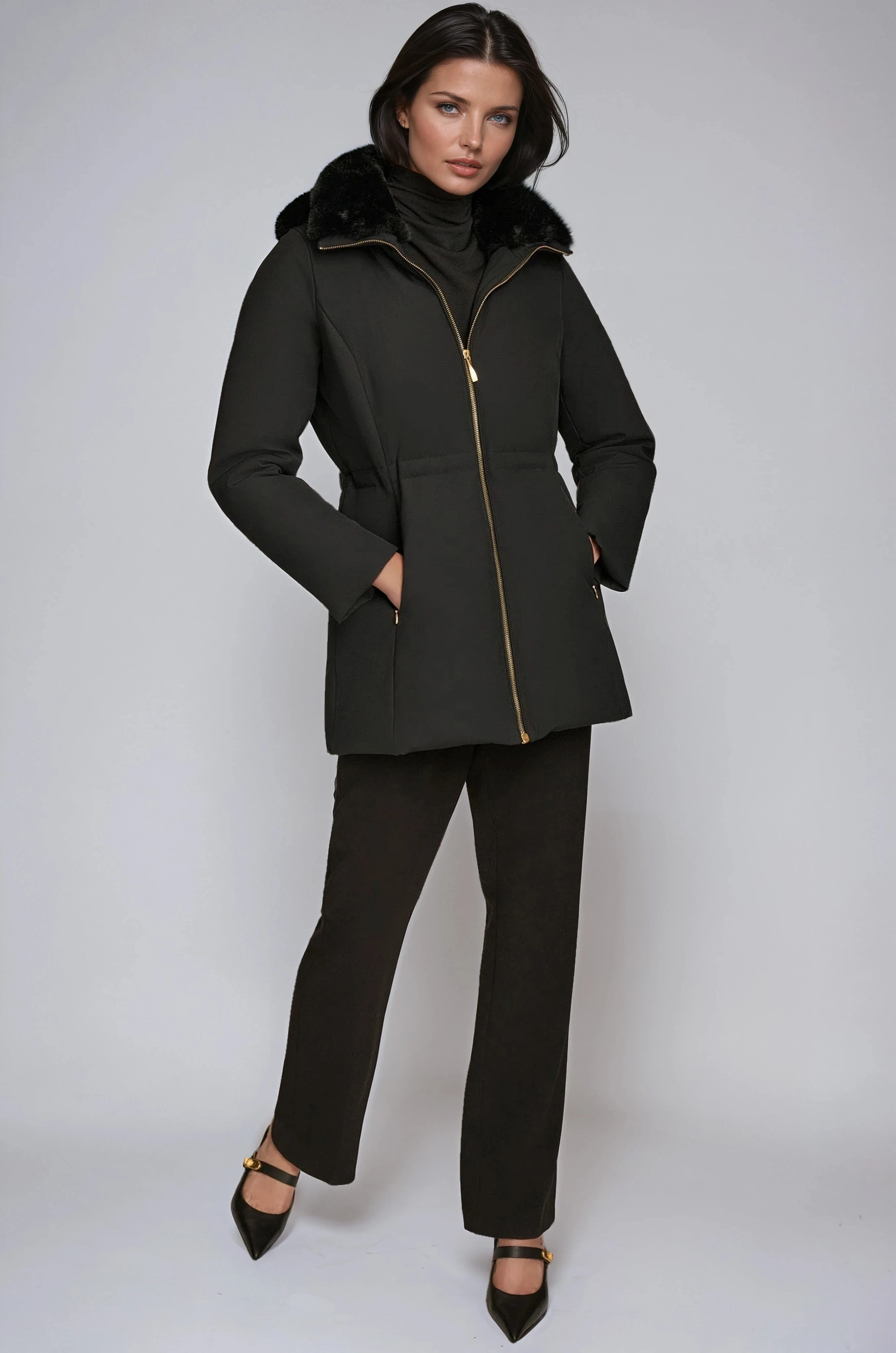 WINTER COAT | BLACK ZIP JACKET WITH FUR COLLAR