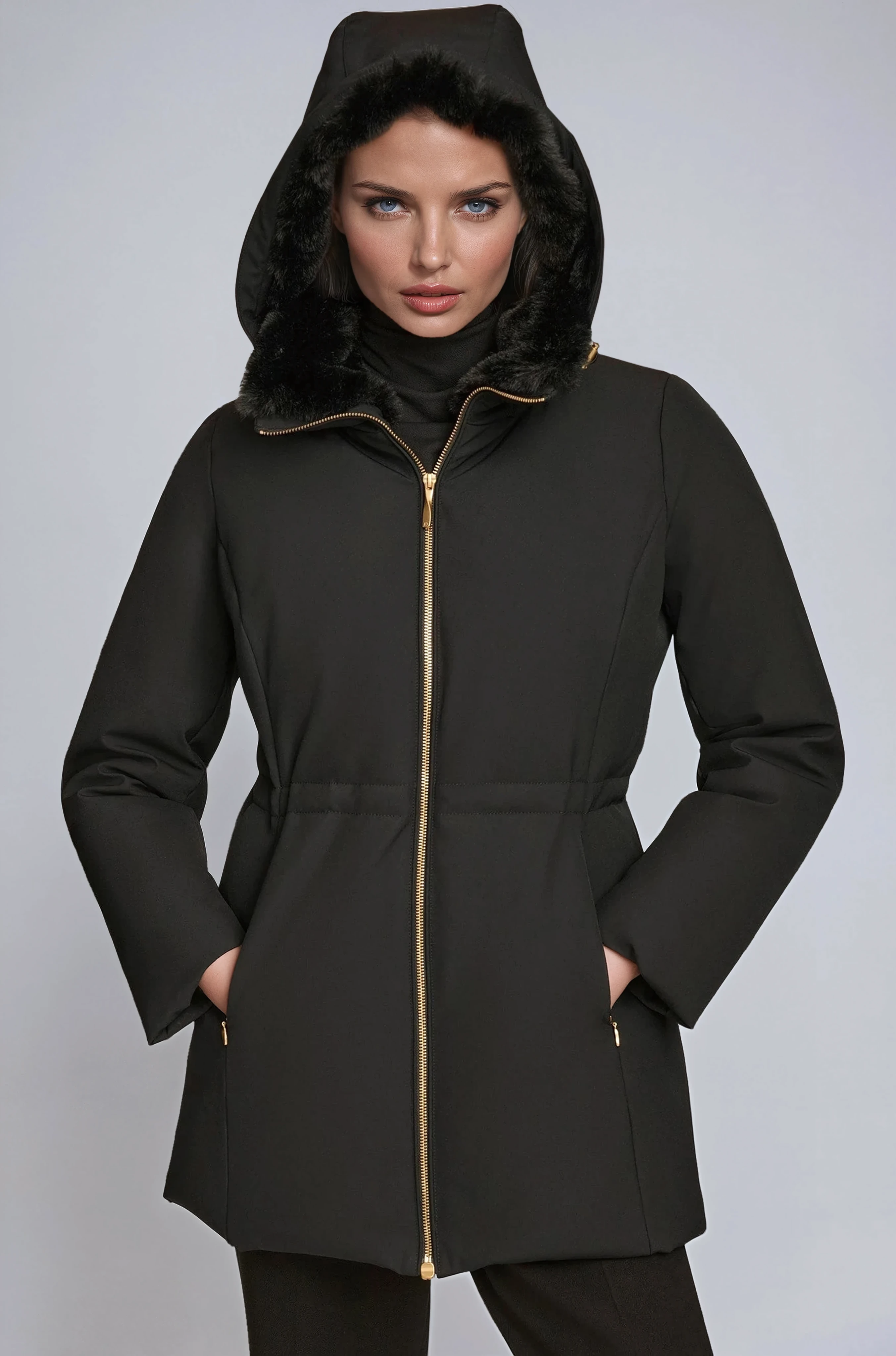 WINTER COAT | BLACK ZIP JACKET WITH FUR COLLAR