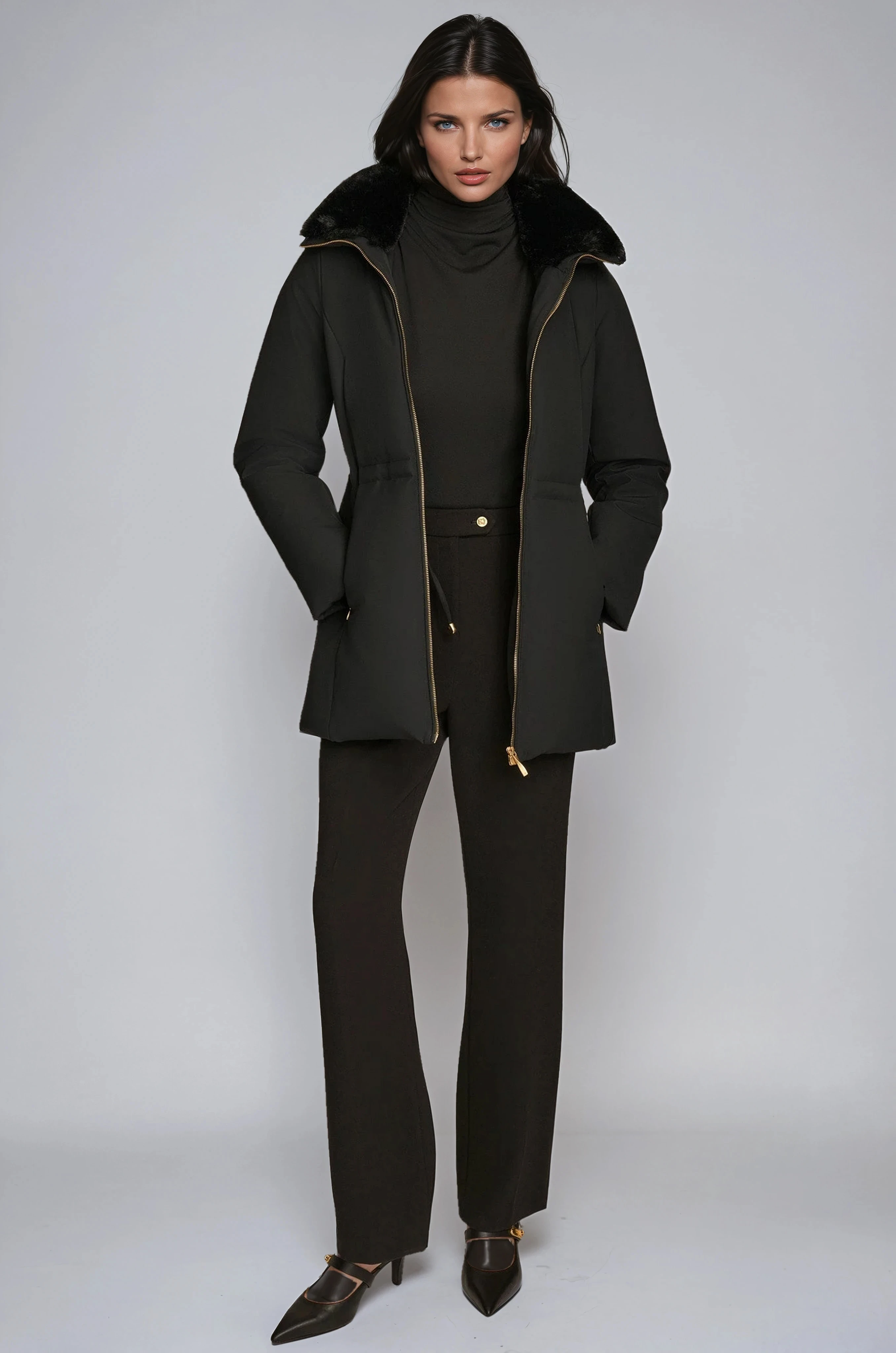 WINTER COAT | BLACK ZIP JACKET WITH FUR COLLAR